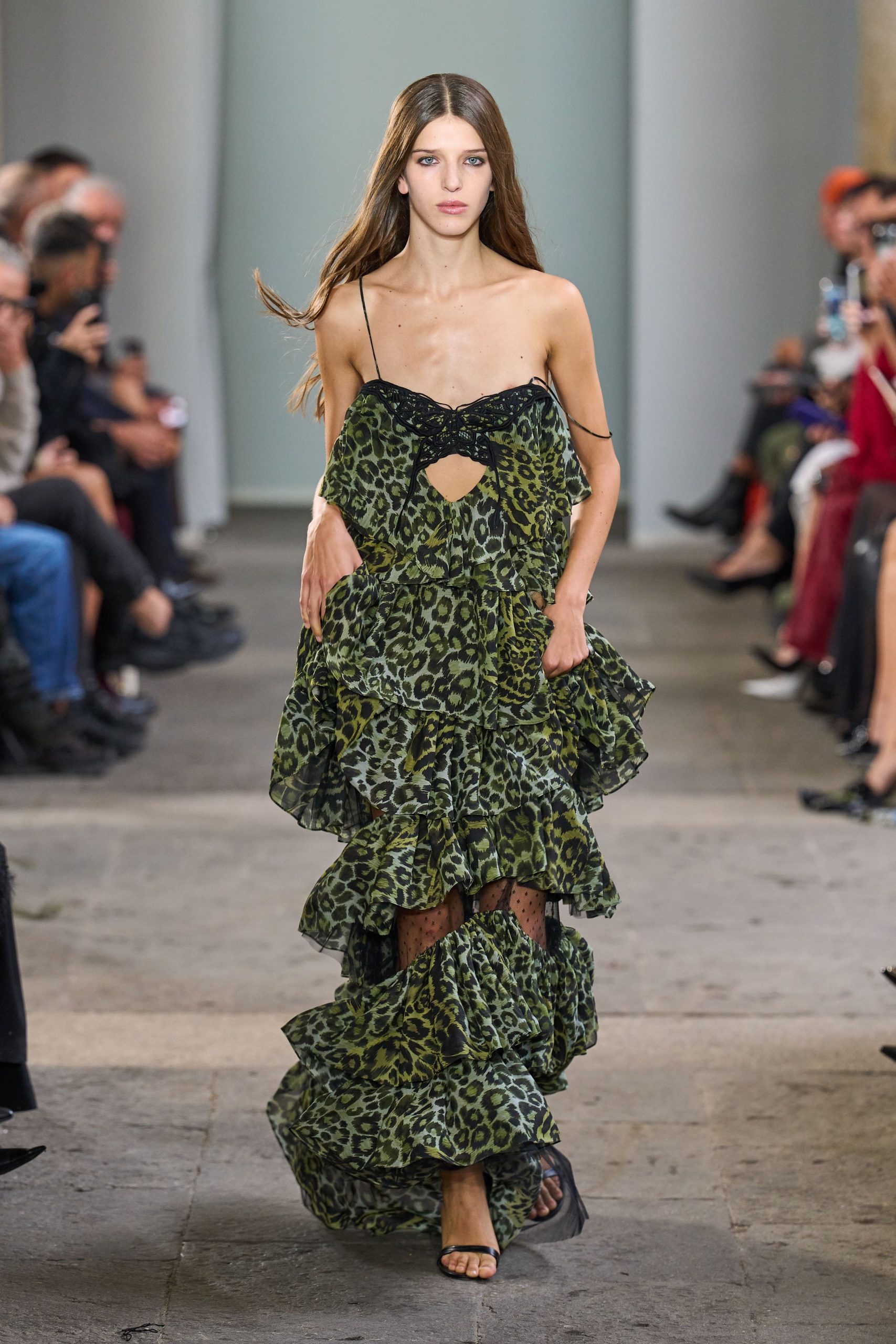 green silk sleeveless v-neck fitted animal-print ruffled gown