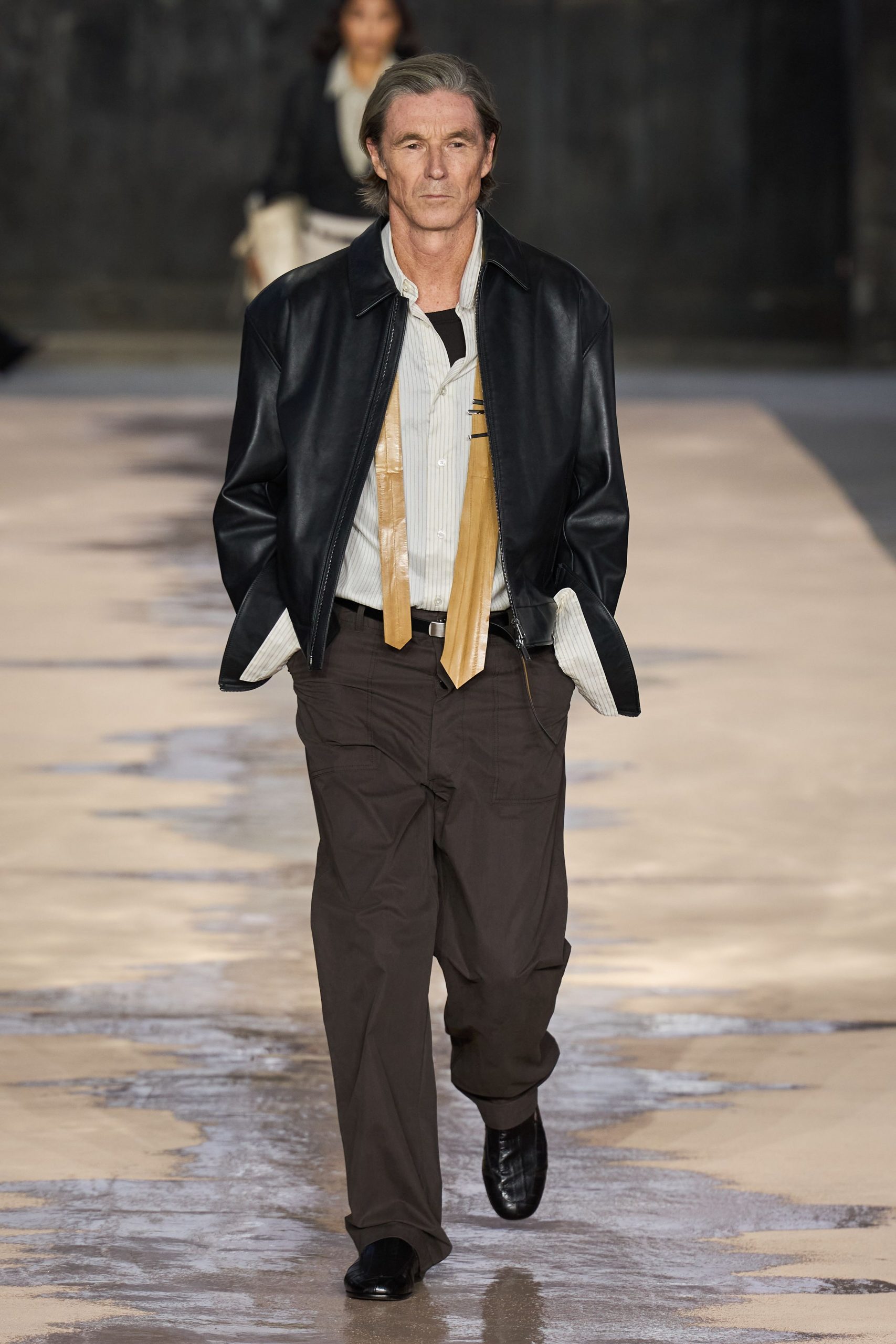 black leather jacket with tie