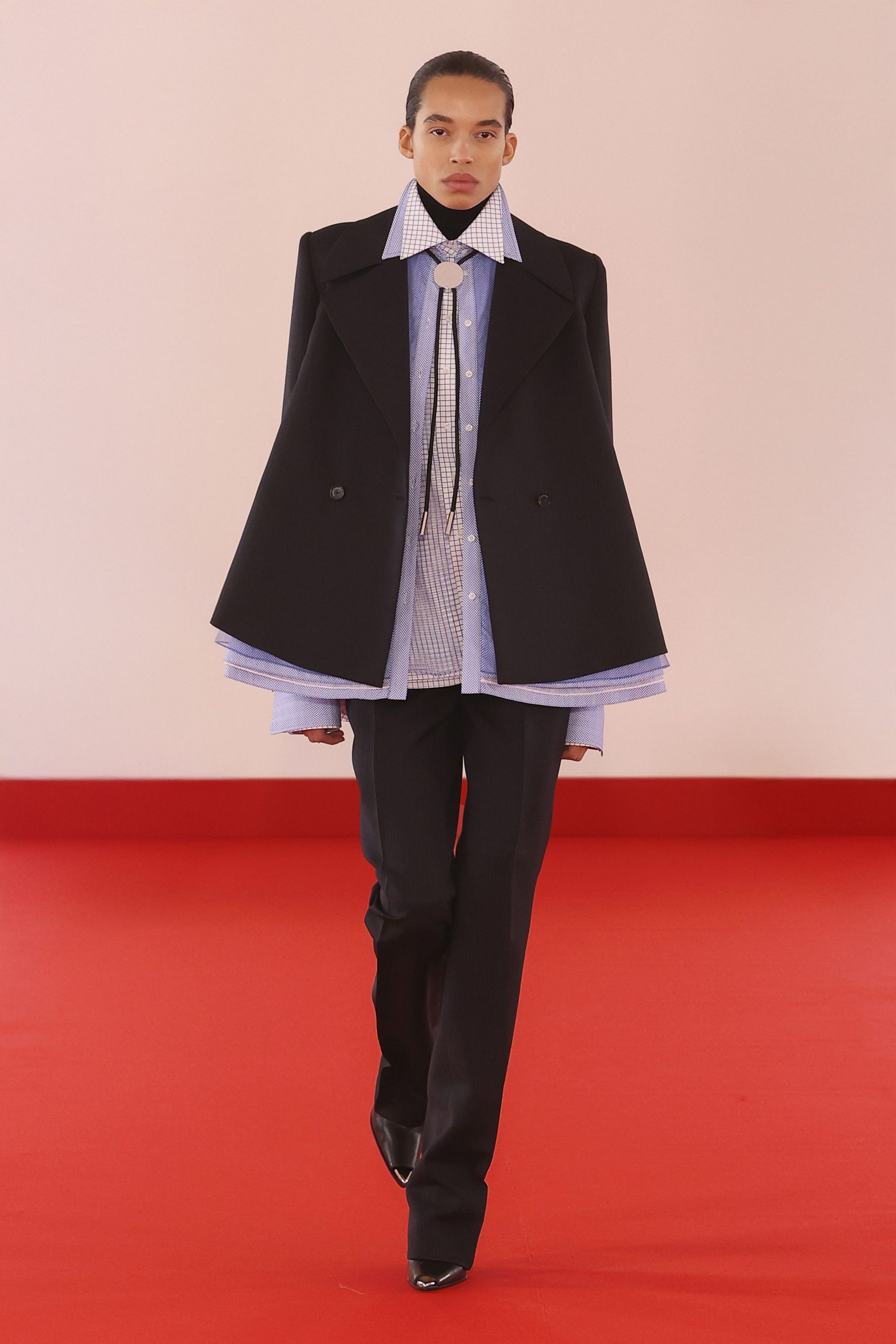 black wool cape with blue shirt