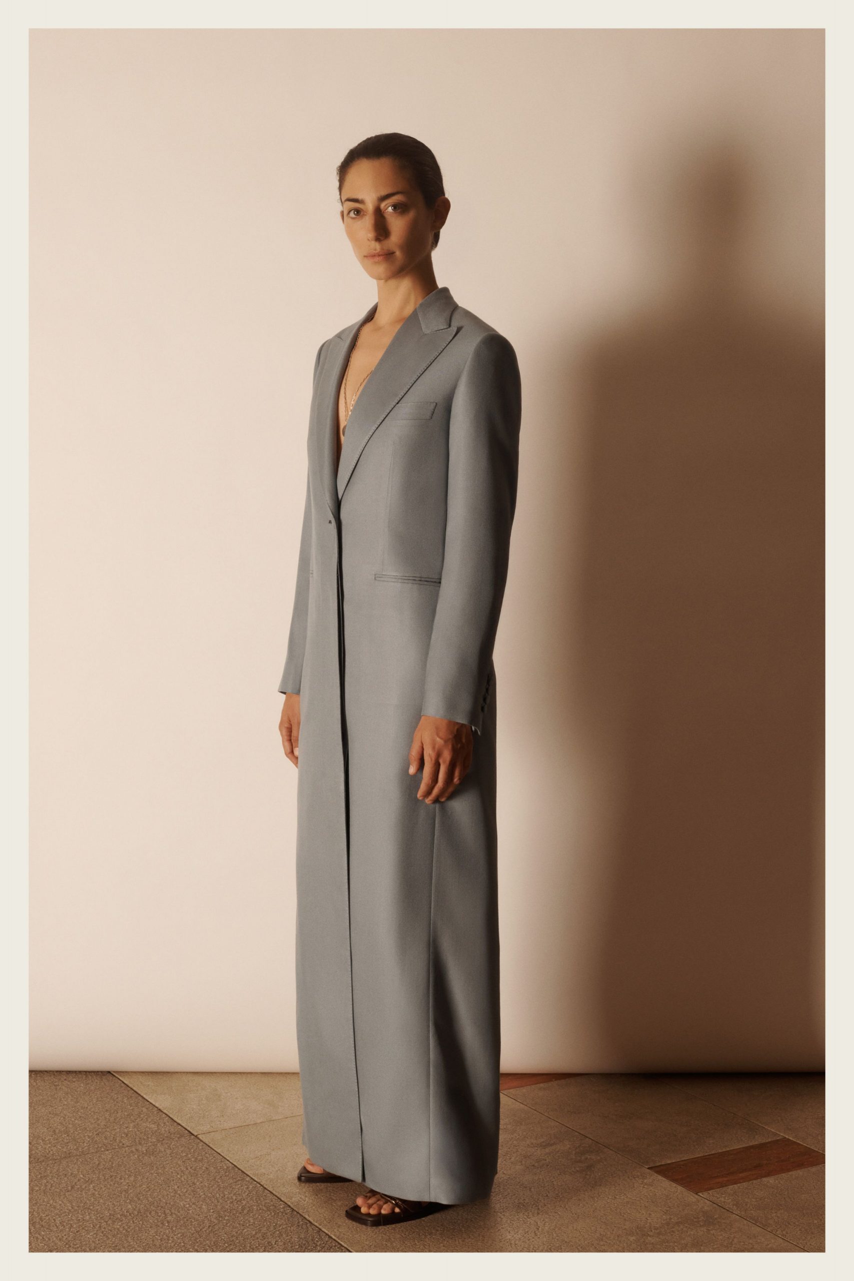 gray cotton long-sleeve v-neck fitted buttoned maxi gown