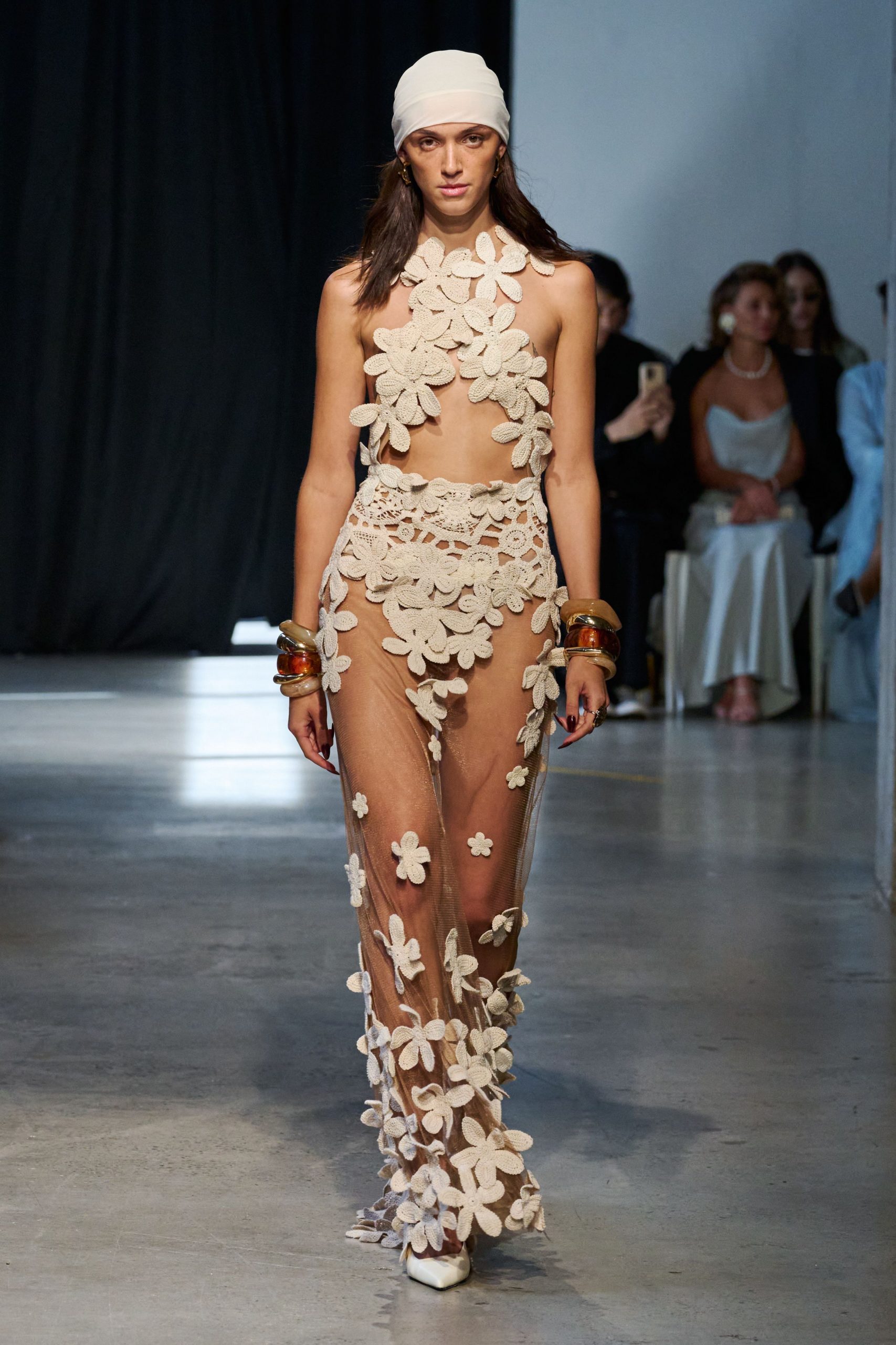beige lace sleeveless high-neck fitted floral tiered dress