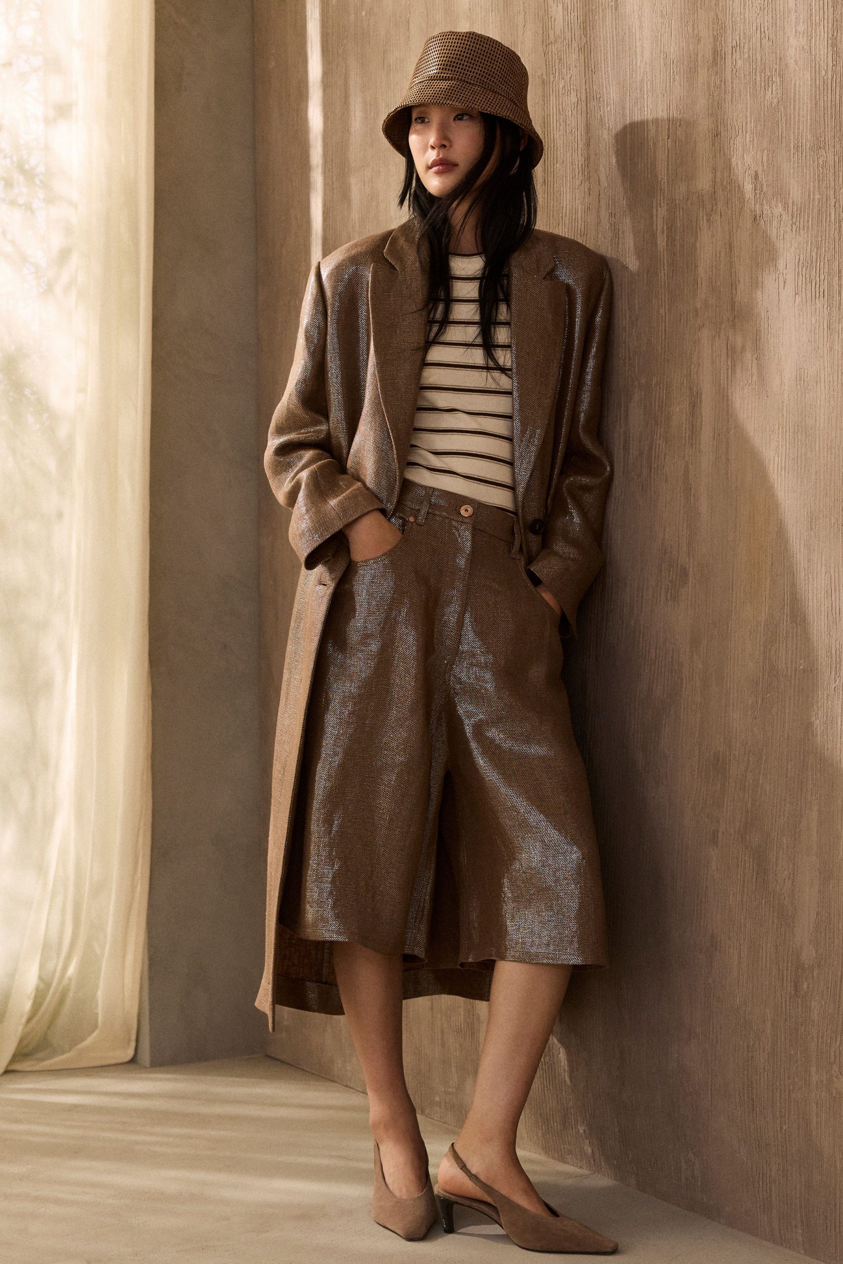 brown silk long-sleeve collared relaxed buttoned shiny coat