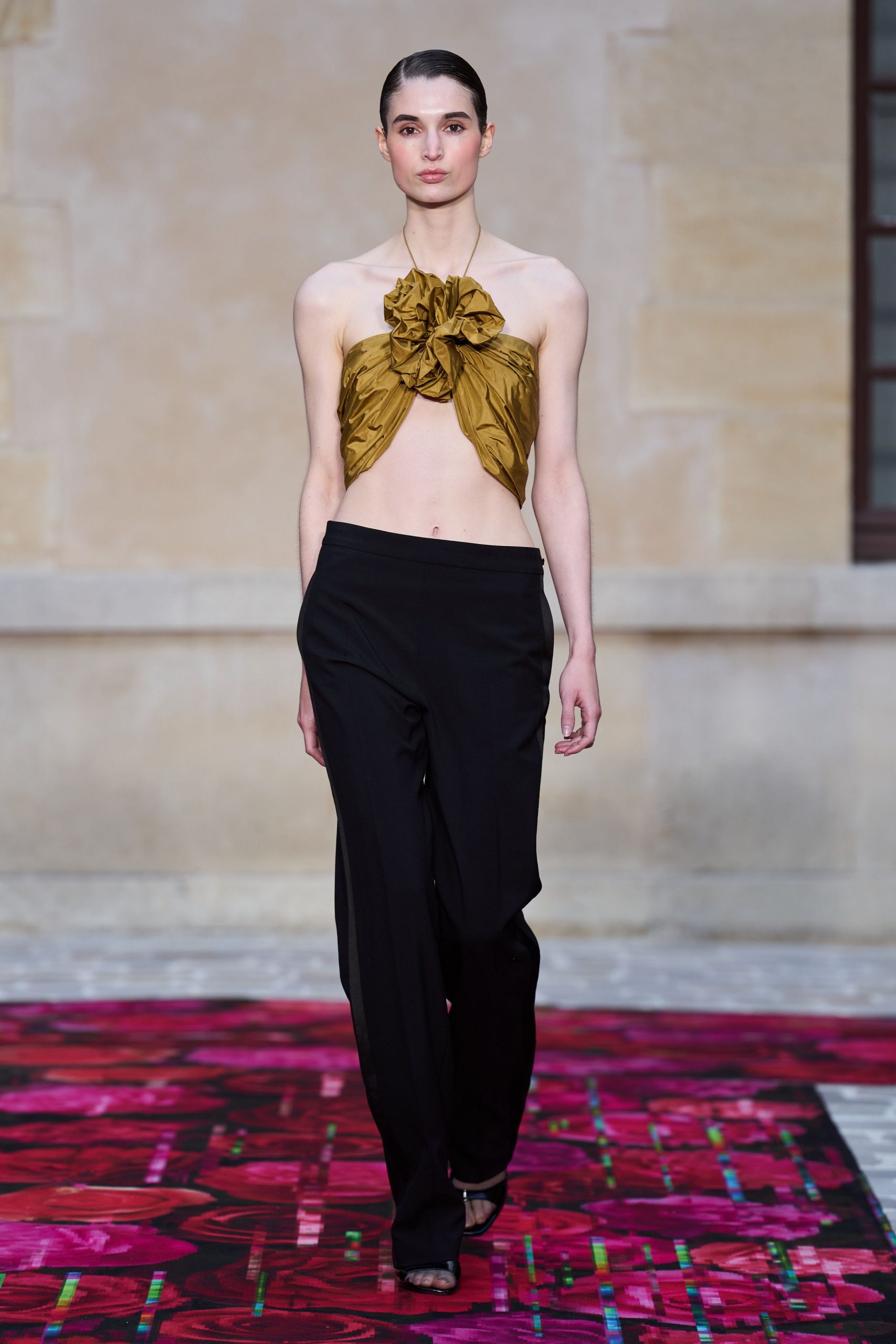 gold silk sleeveless strapless fitted ruffled top