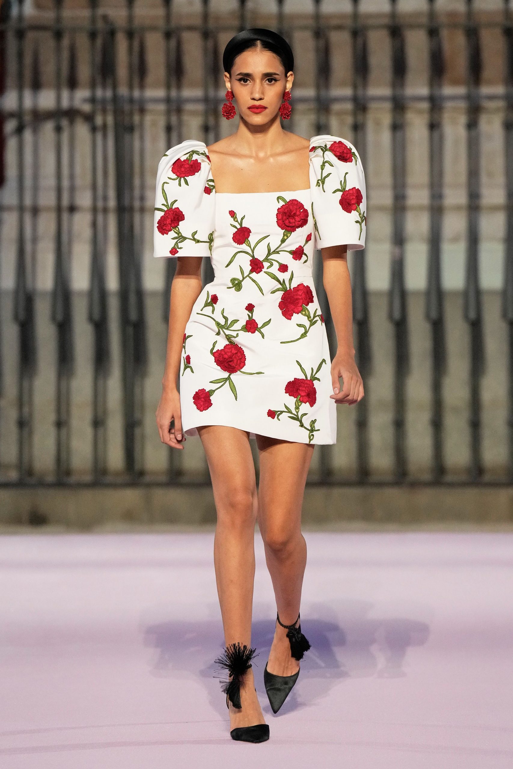 white embroidered mini-dress with heels