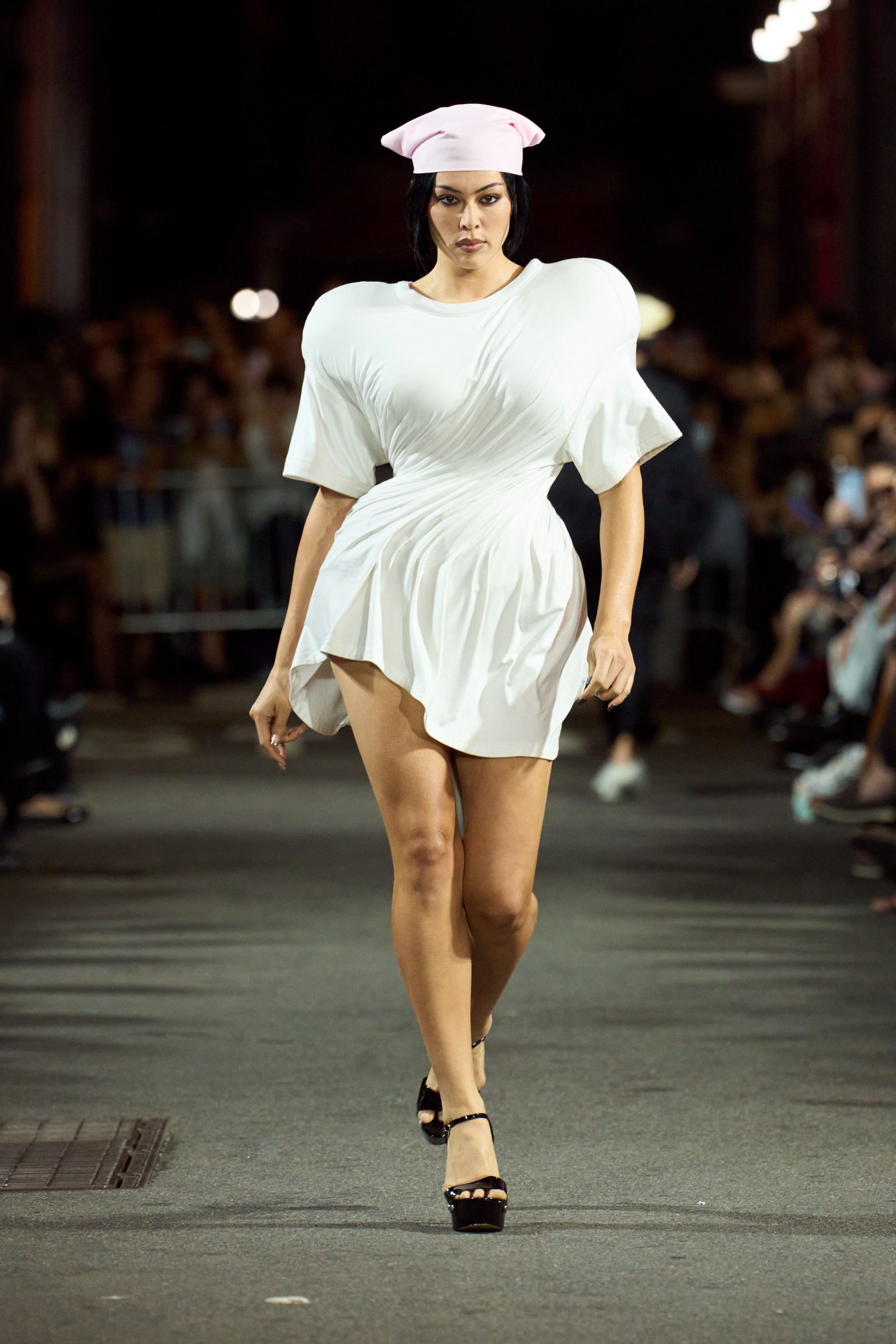 white mini dress with pink hat