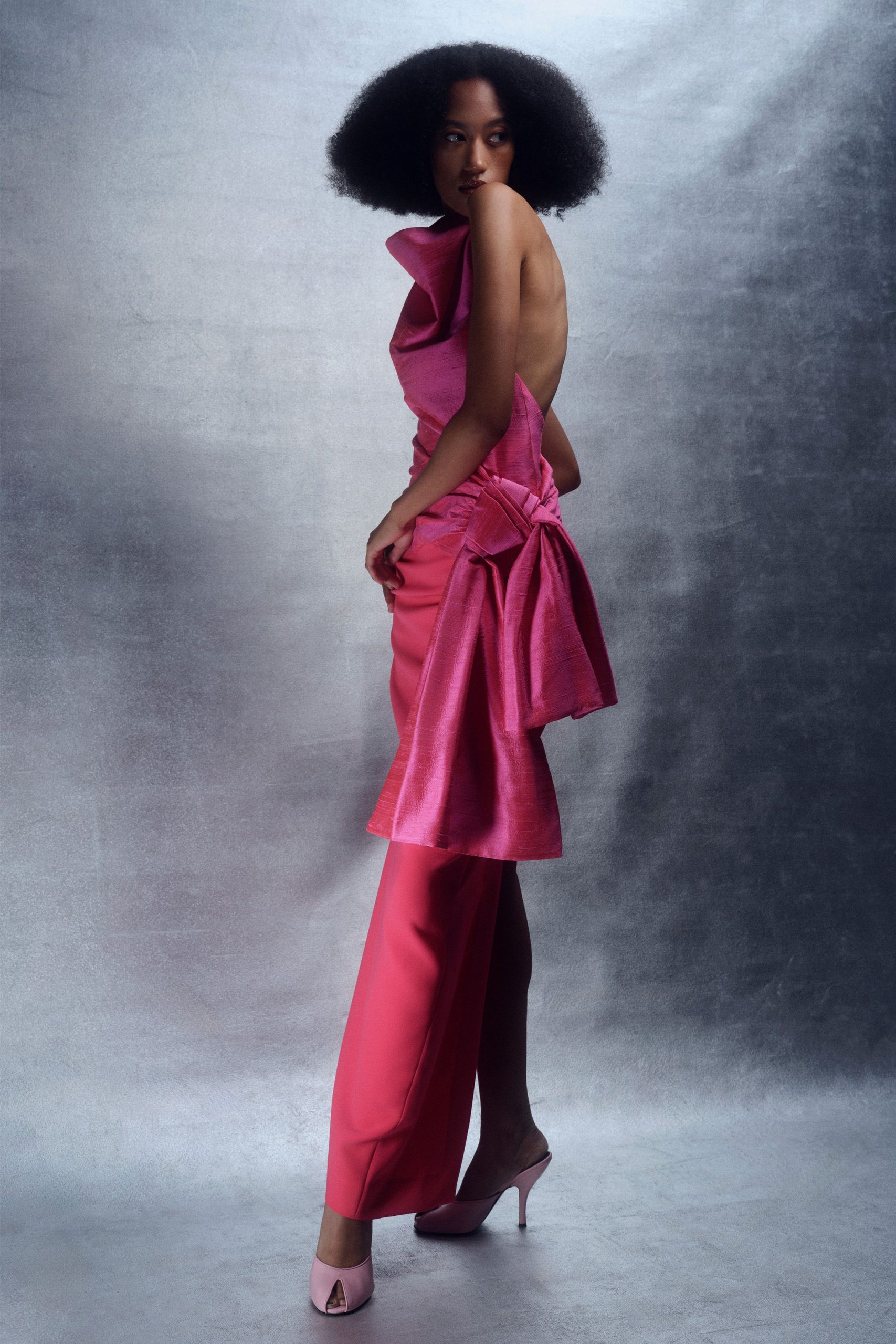 pink silk ruffled midi dress