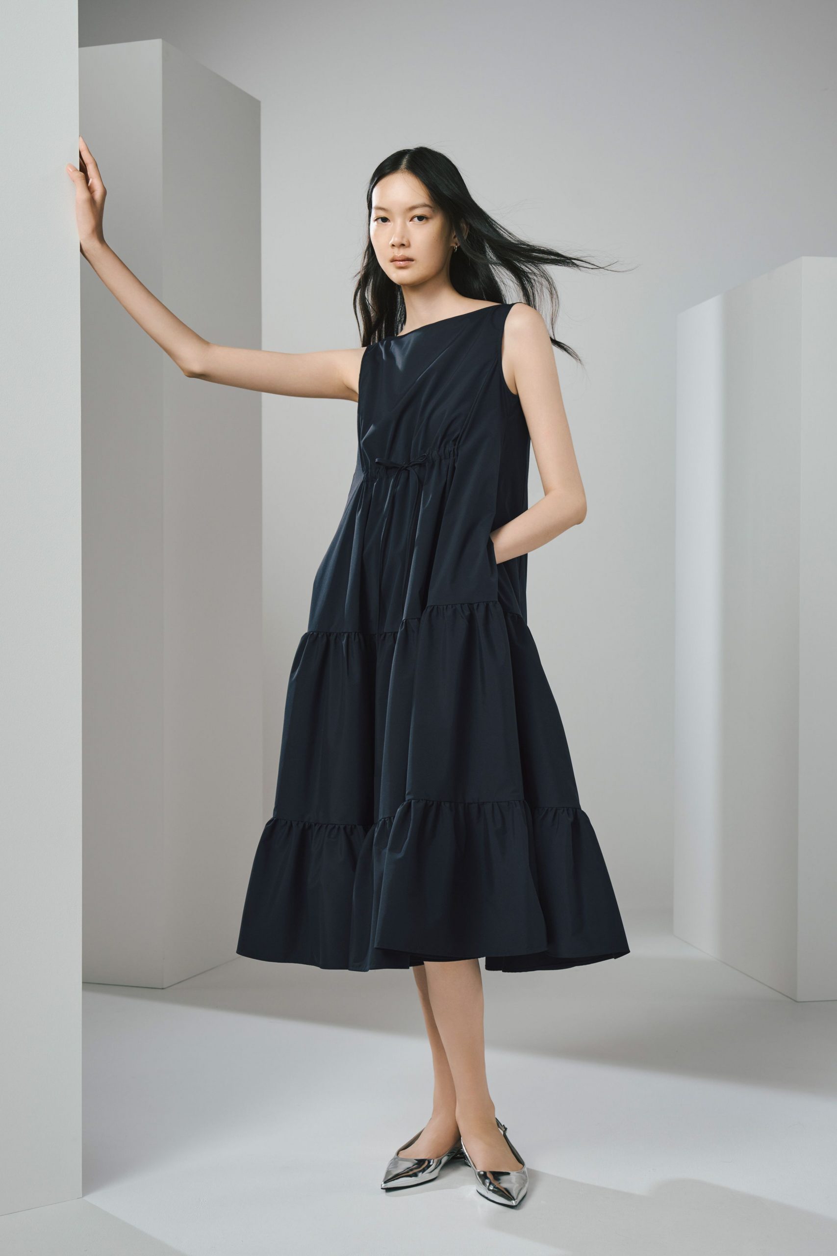black cotton sleeveless square-neck relaxed tiered midi dress
