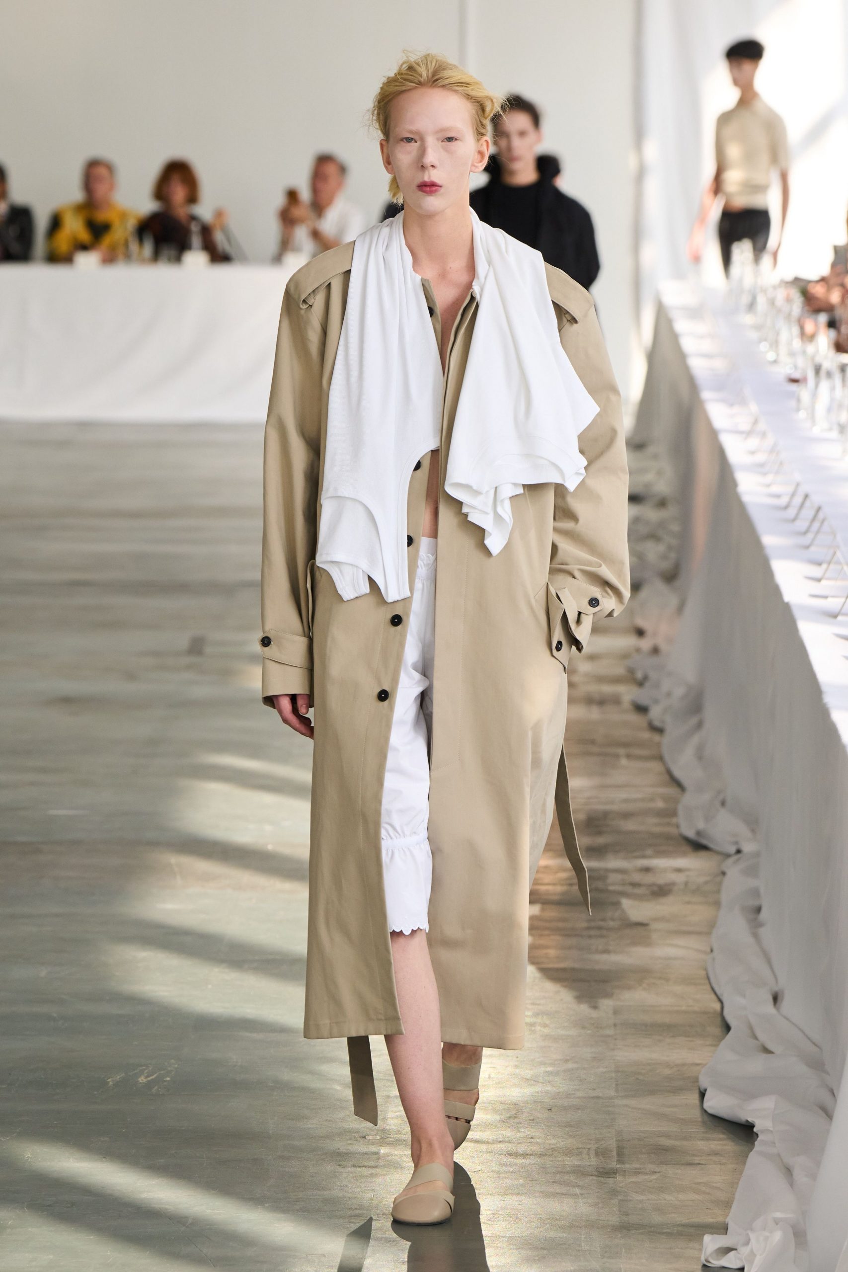 beige cotton long-sleeve collared relaxed buttoned maxi trench