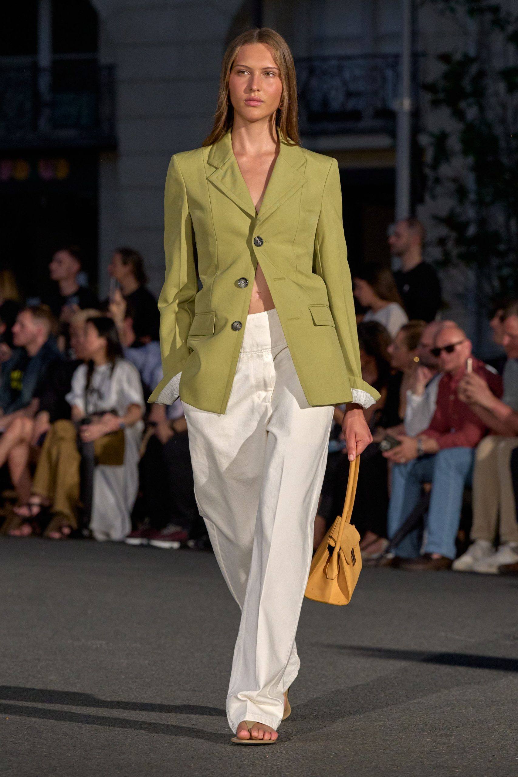 green tailored blazer with relaxed pants