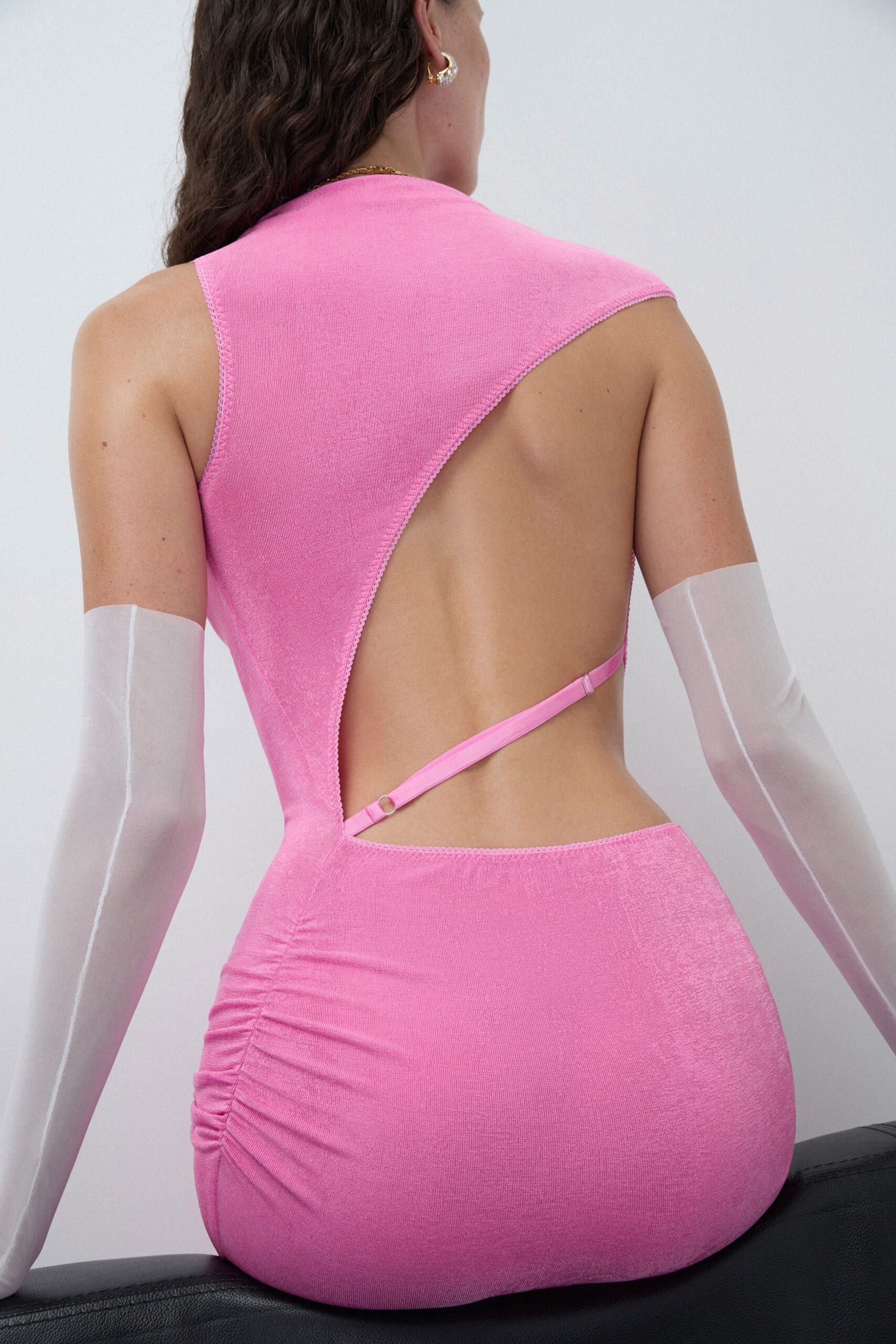pink velvet sleeveless backless fitted ruched shiny dress
