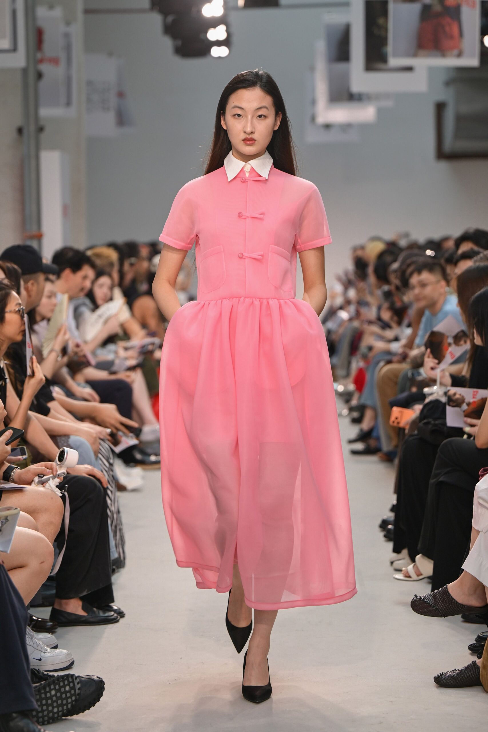 pink chiffon short-sleeve collared fitted pleated sheer dress