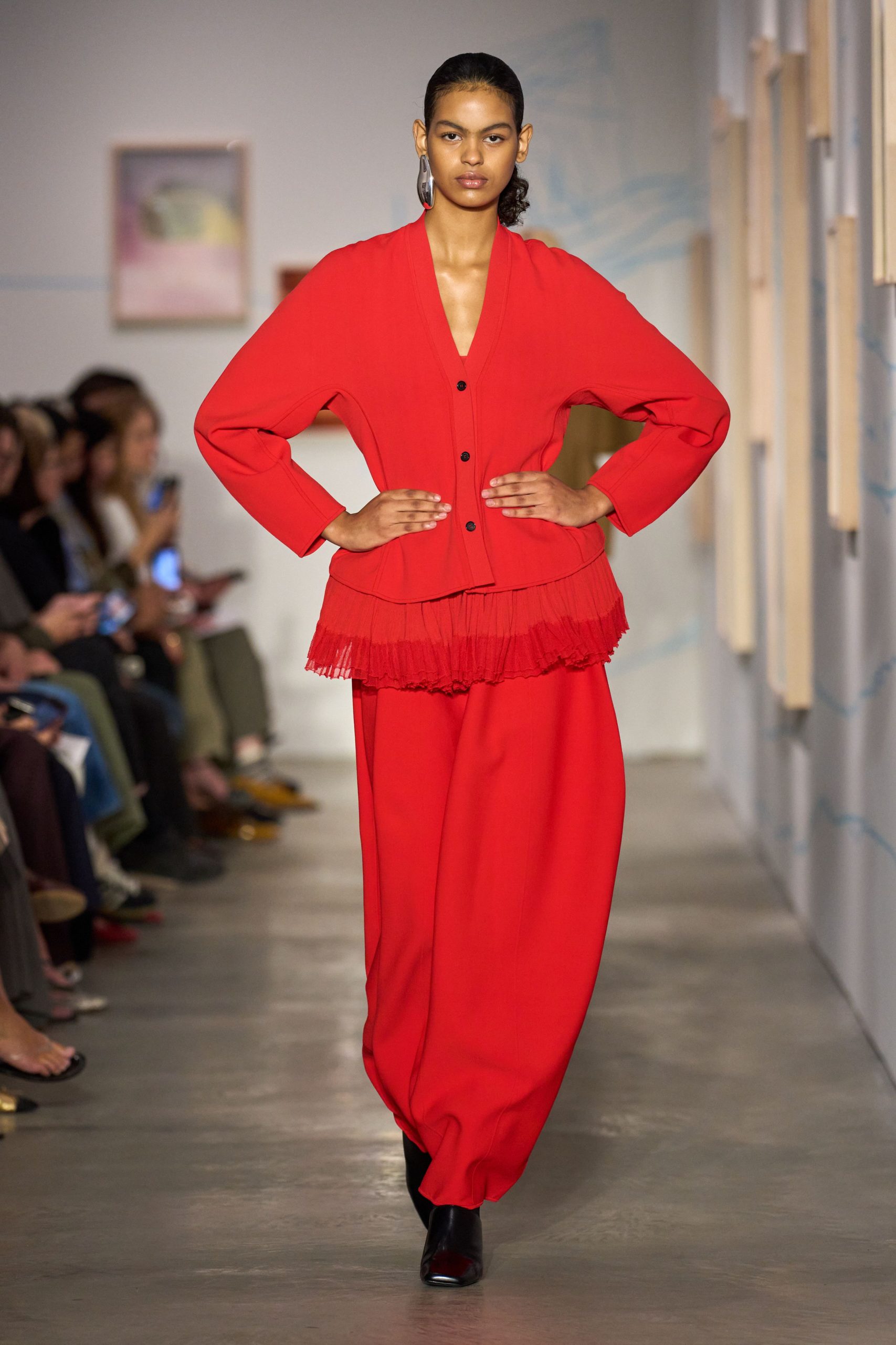 red long-sleeve collared relaxed pleated buttoned top