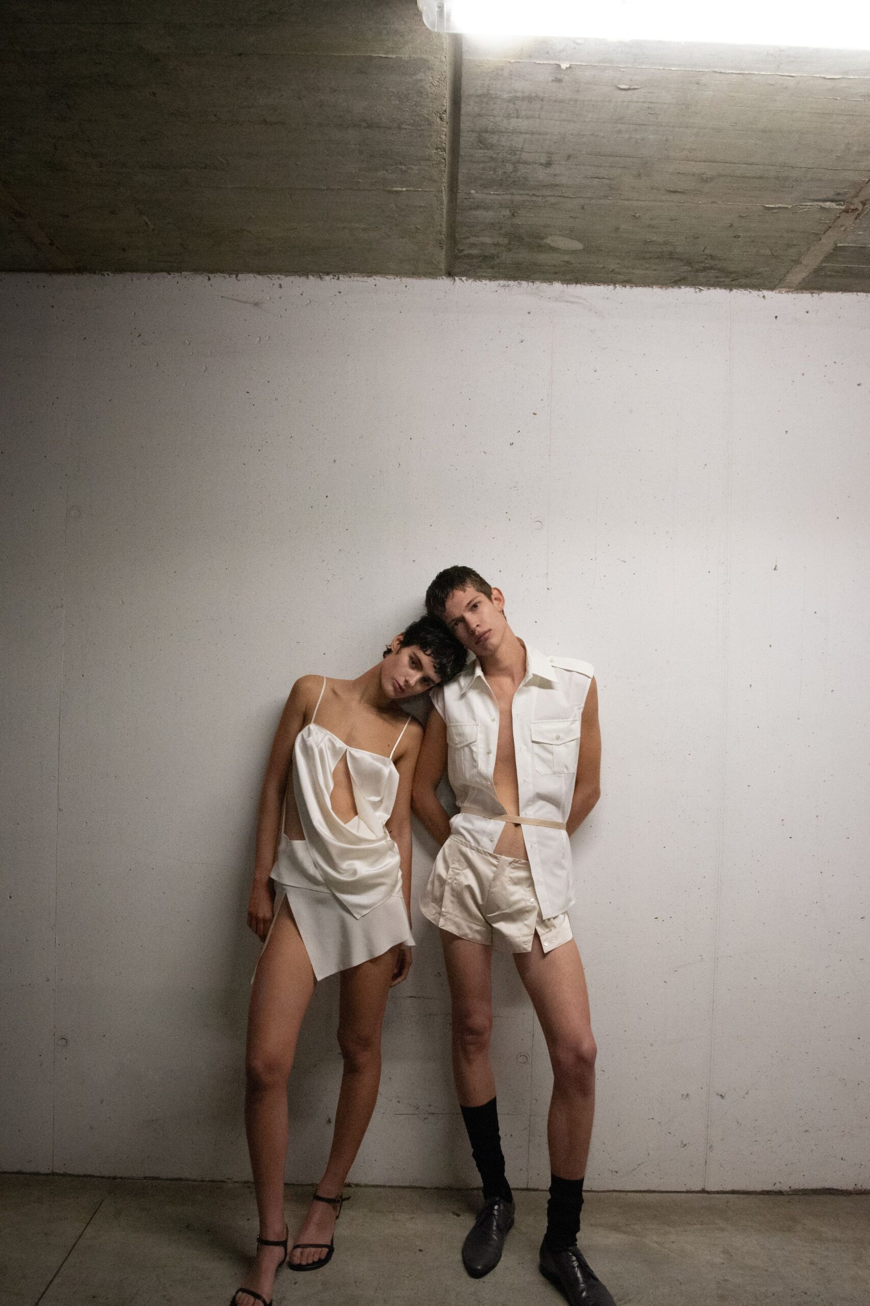 white silk mini dress and shirt
