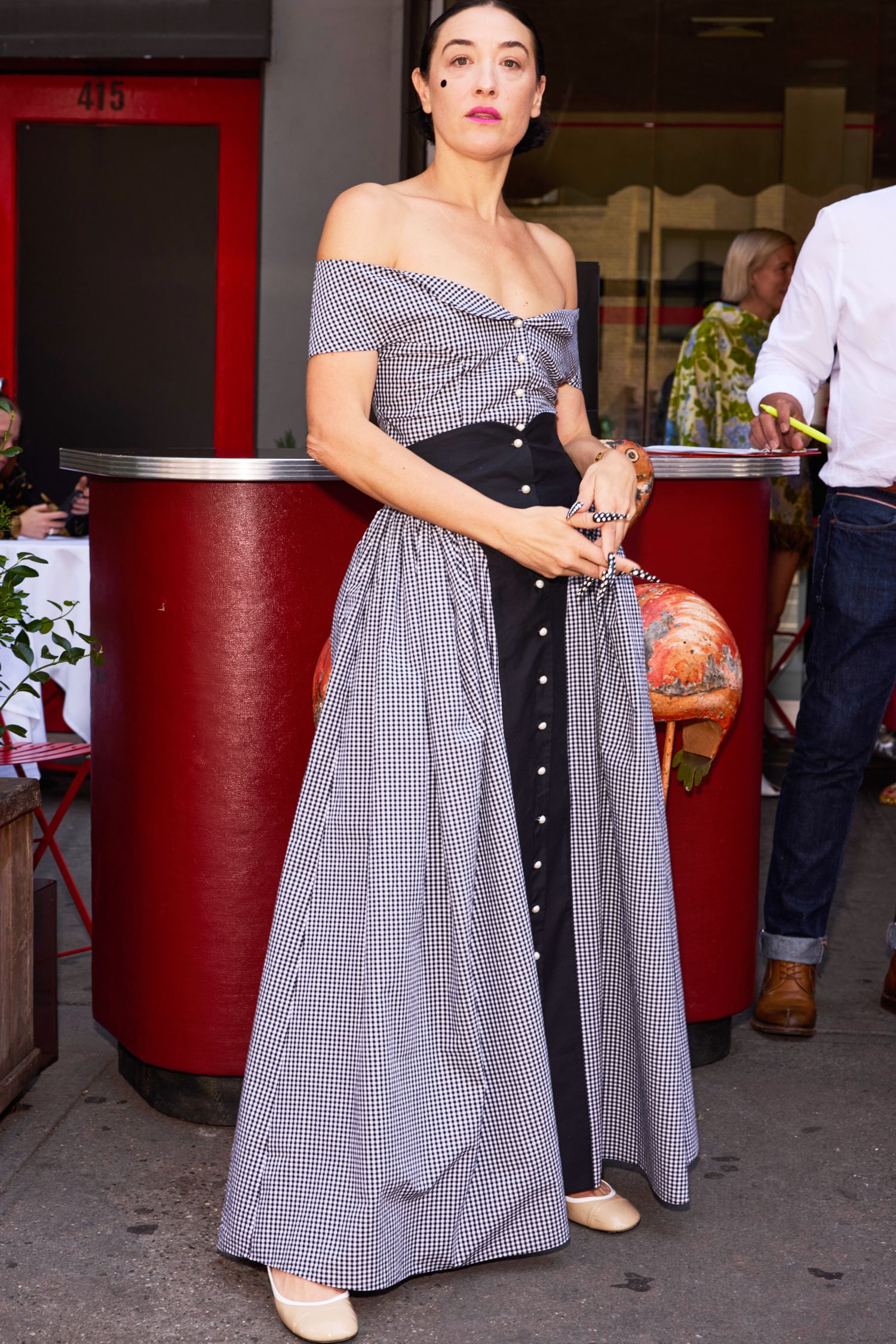 black cotton off-shoulder fitted buttoned checked maxi dress