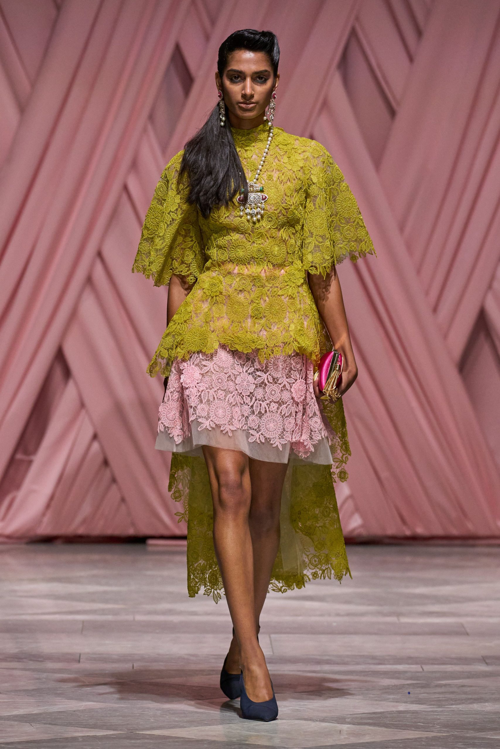 yellow lace short-sleeve high-neck fitted layered flared dress