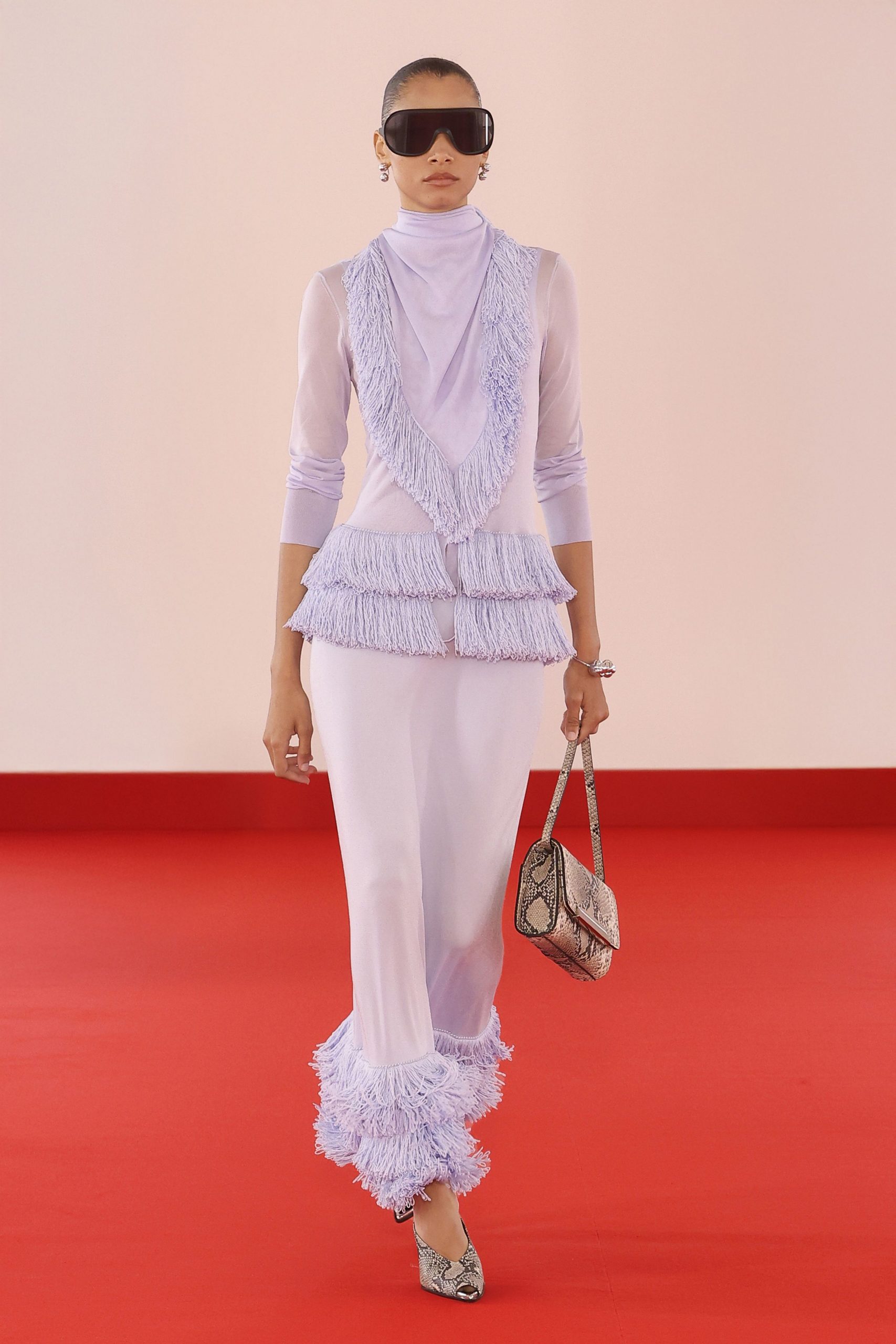 lavender silk long-sleeve turtleneck fitted fringed midi dress