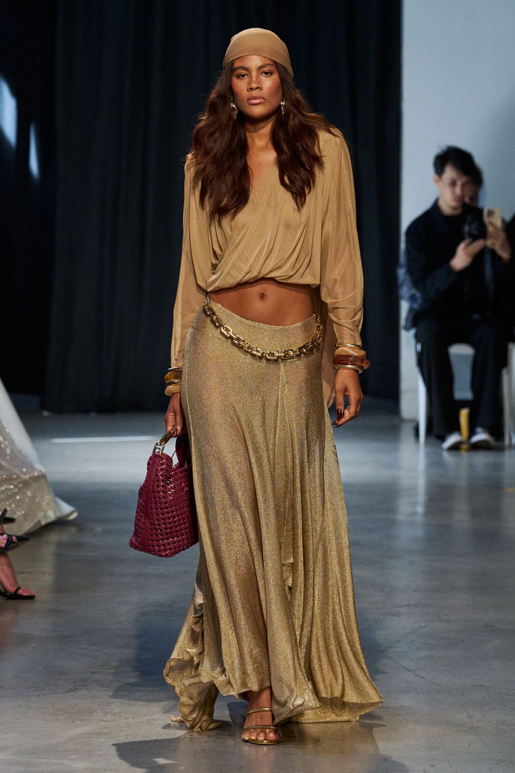 gold silk long-sleeve v-neck relaxed draped flowing top
