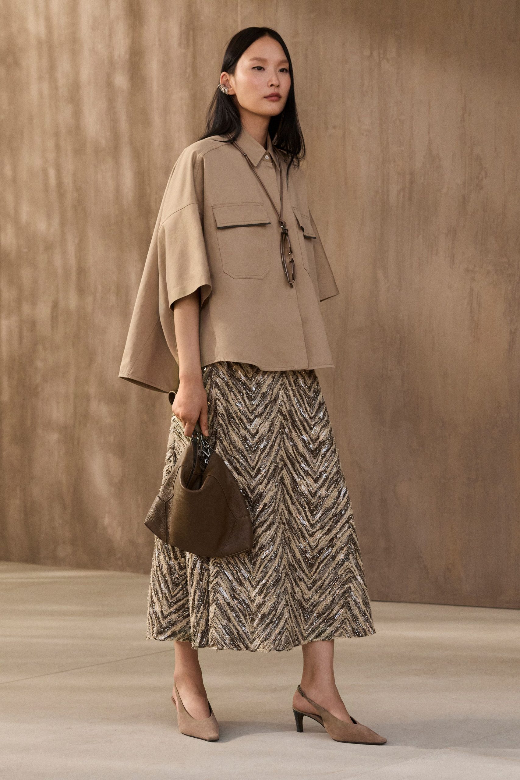 multi silk fitted flared midi skirt