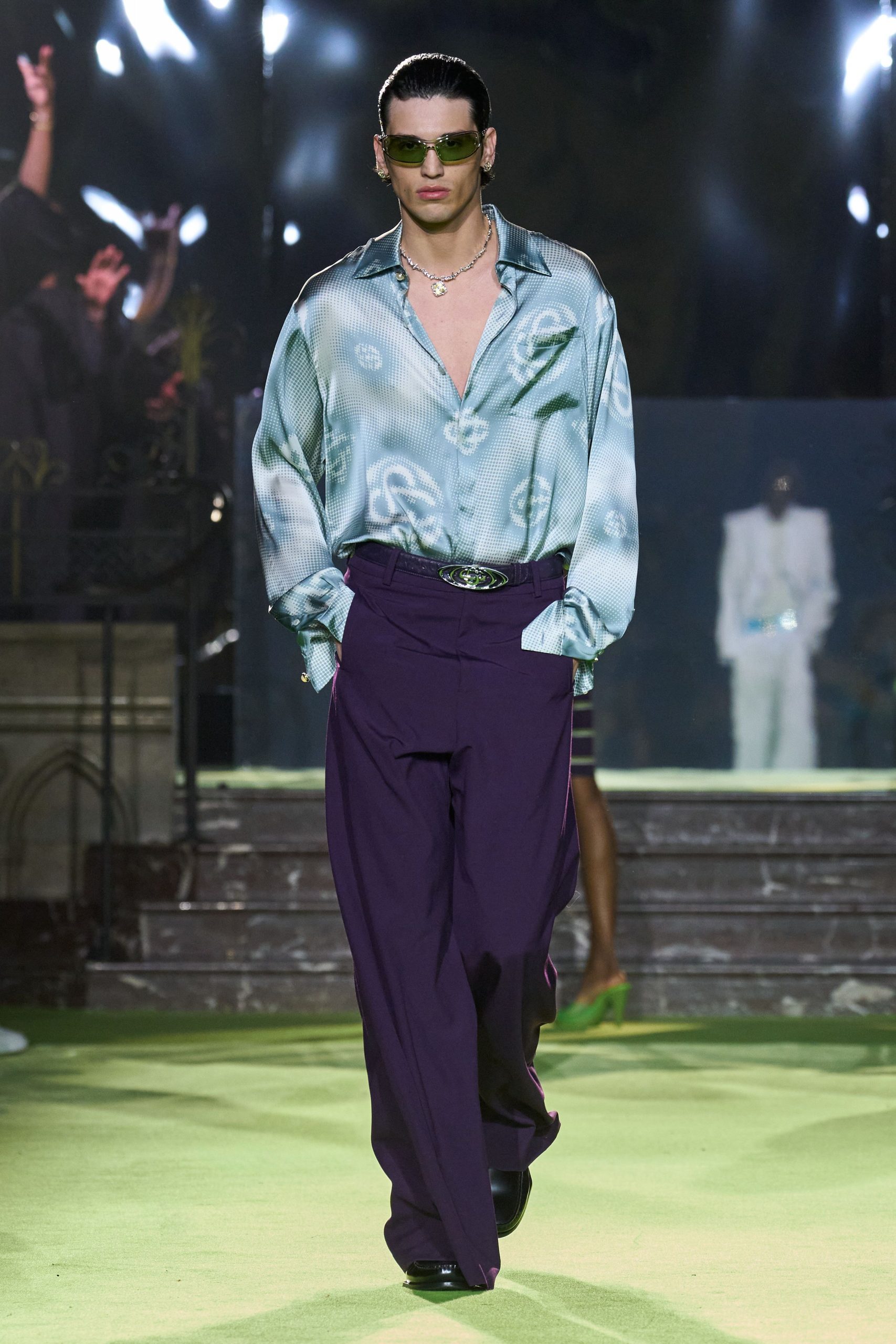blue printed silk shirt with purple pants