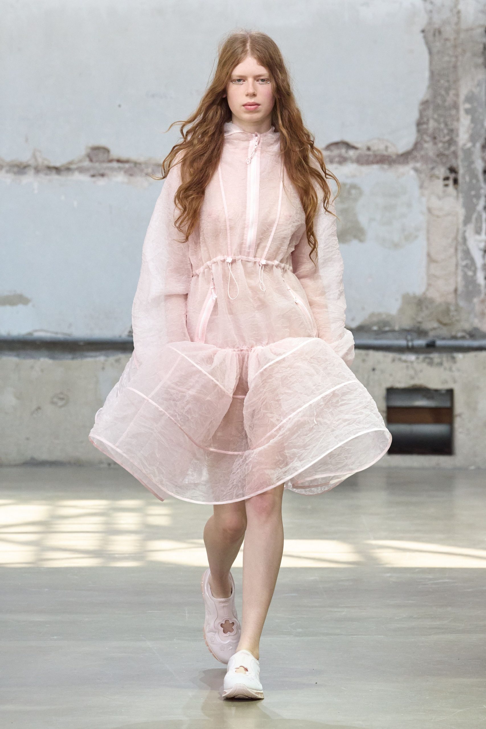 pink chiffon long-sleeve hooded relaxed tiered sheer dress