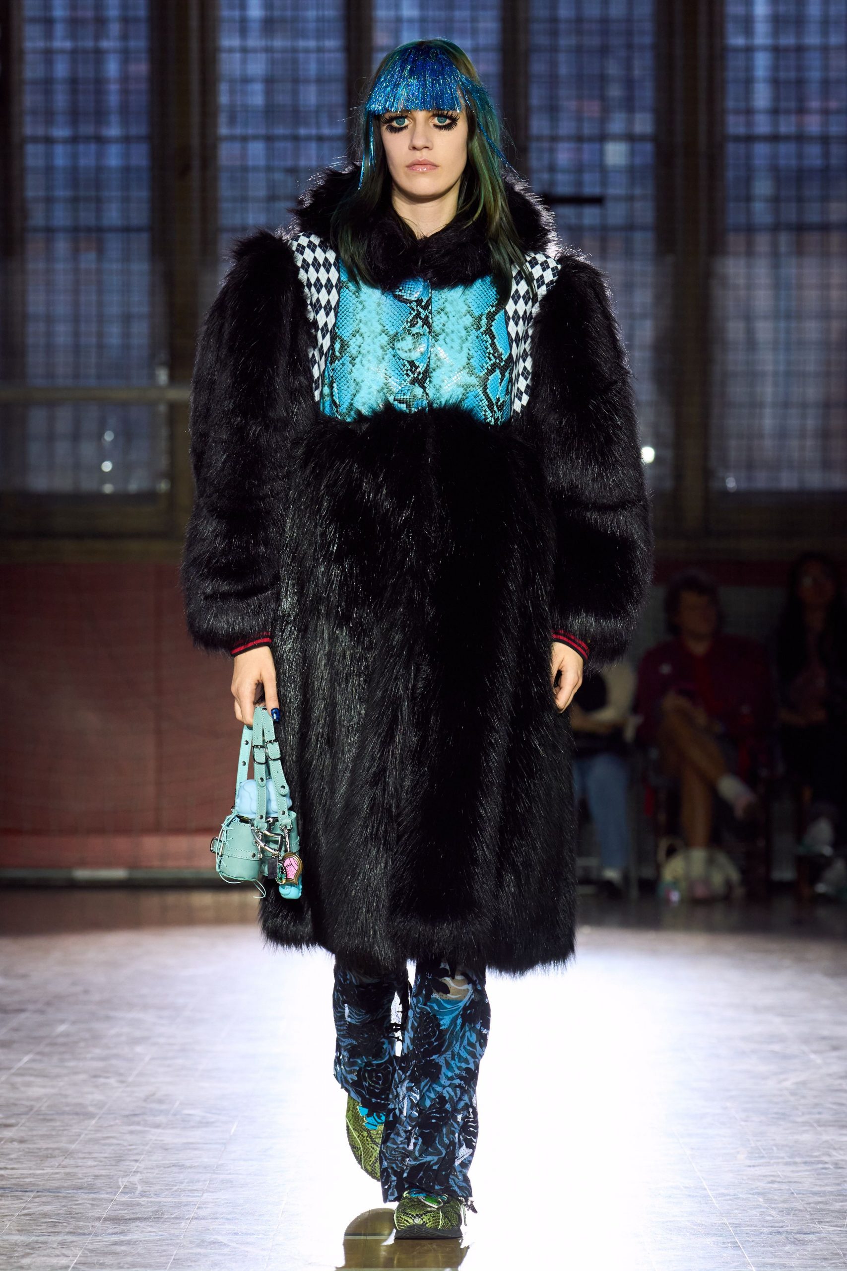 black fur long-sleeve oversized layered maxi coat