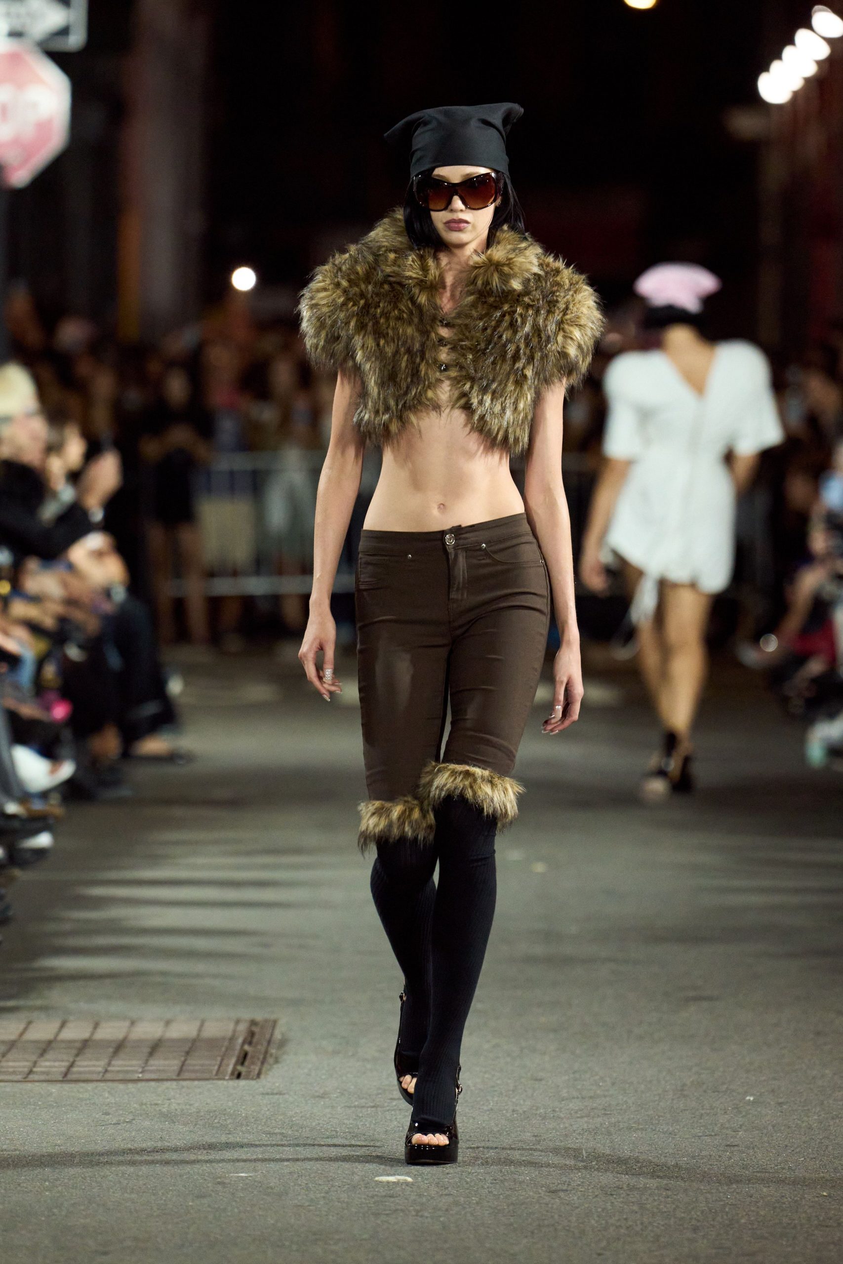 brown fur sleeveless fitted layered top