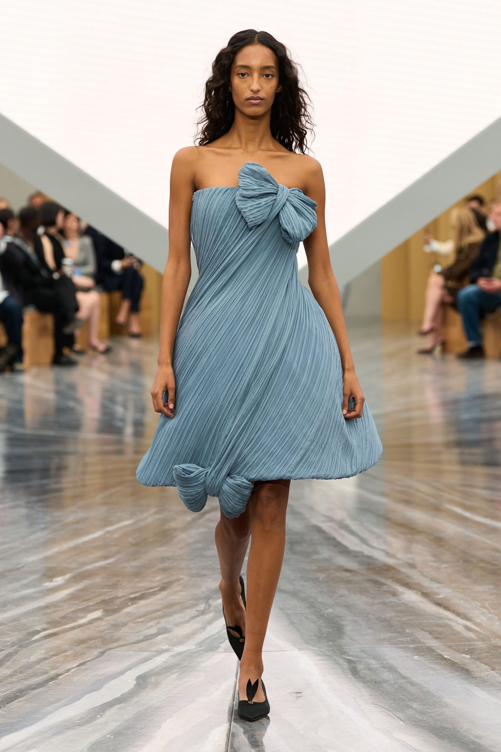 blue silk strapless fitted pleated flowing short dress