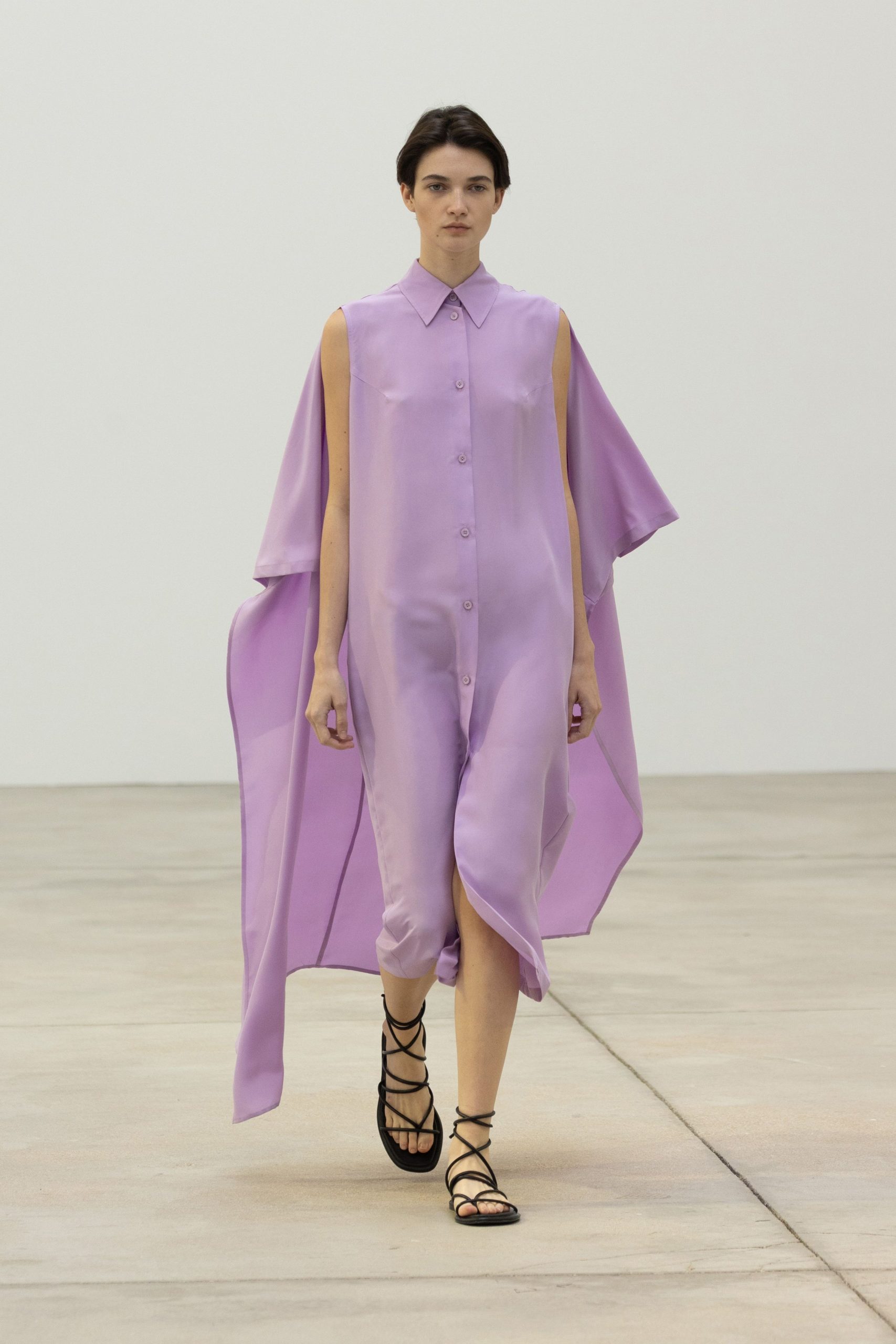 purple silk short-sleeve collared relaxed buttoned flowing dress