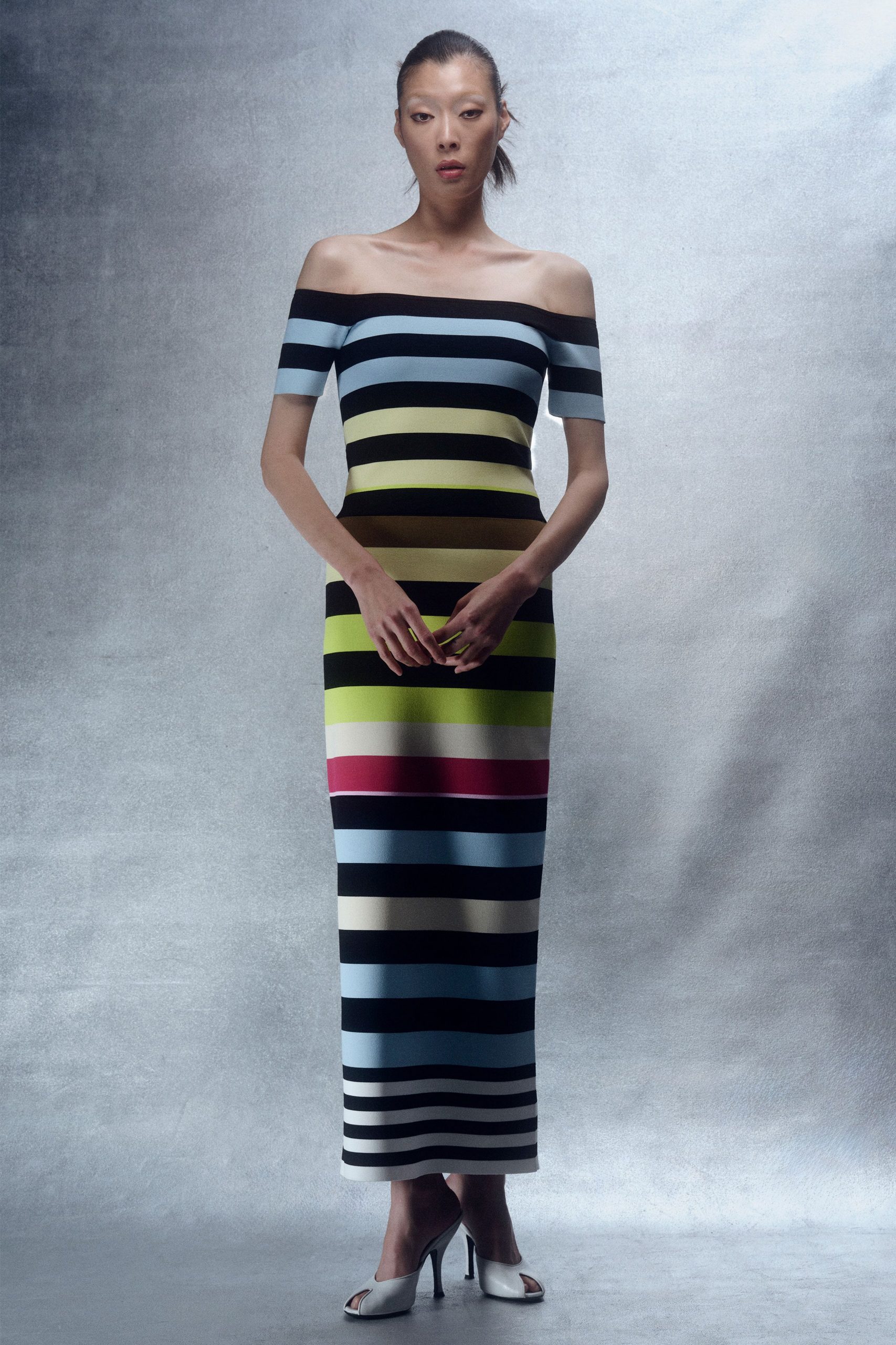 striped off-shoulder maxi gown