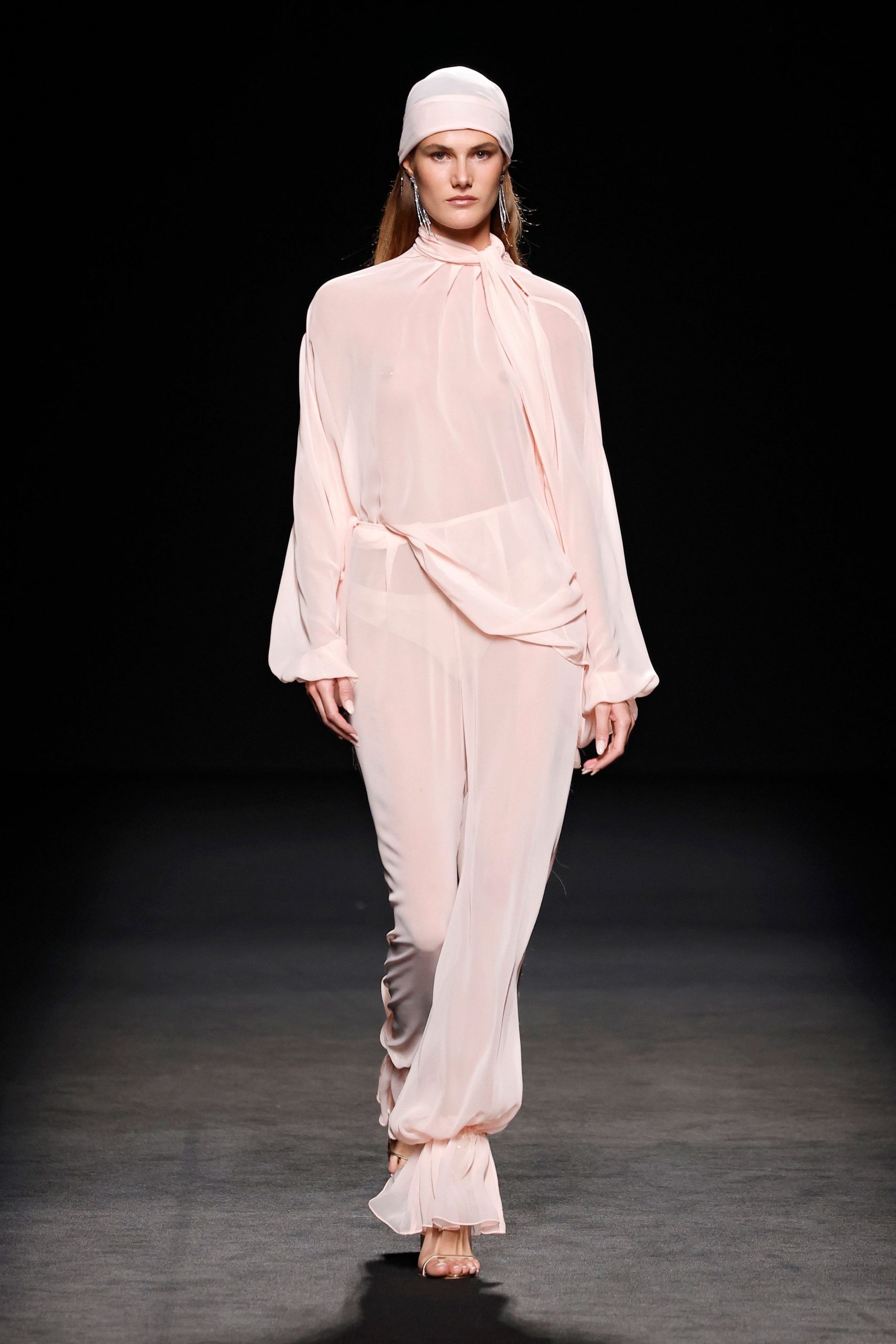 pink chiffon long-sleeve high-neck relaxed draped flowing jumpsuit