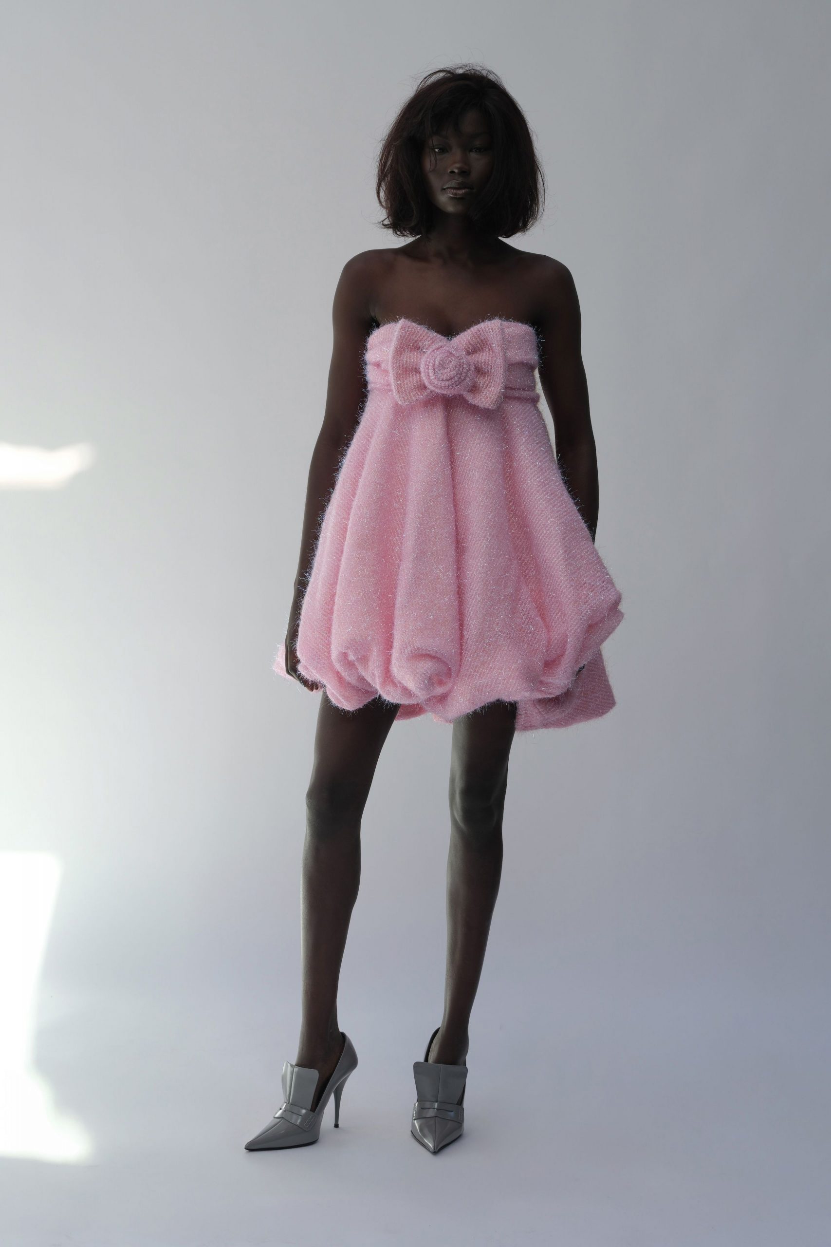 pink cotton strapless fitted ruffled mini dress
