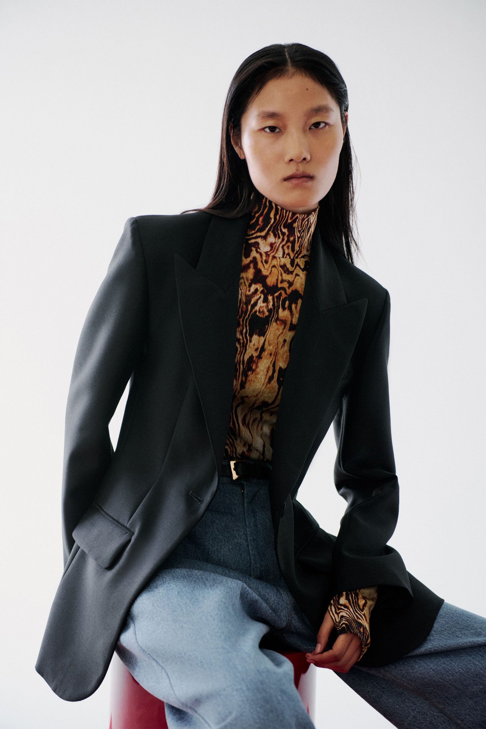 brown silk high-neck long-sleeve fitted printed top