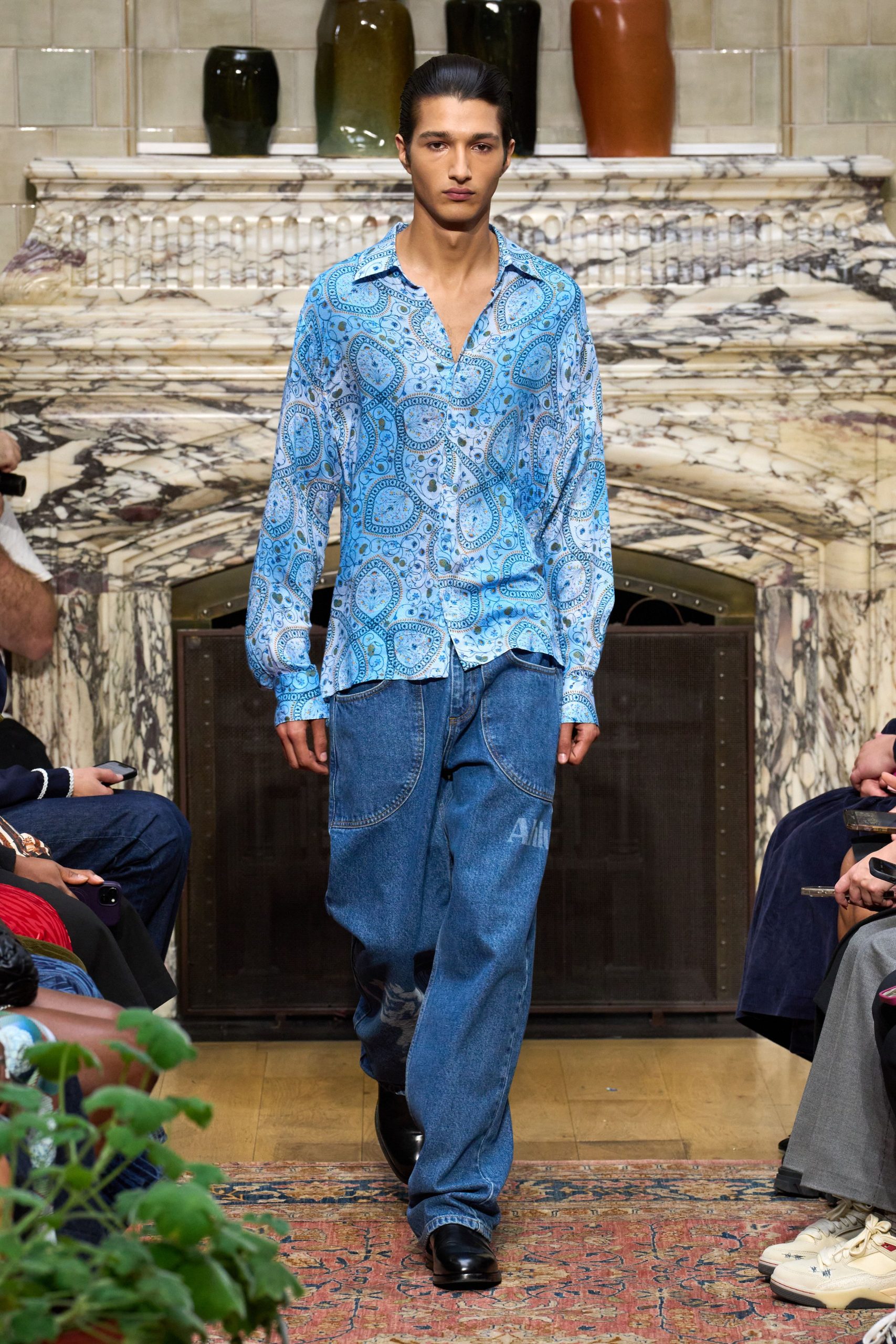 blue printed shirt with denim pants