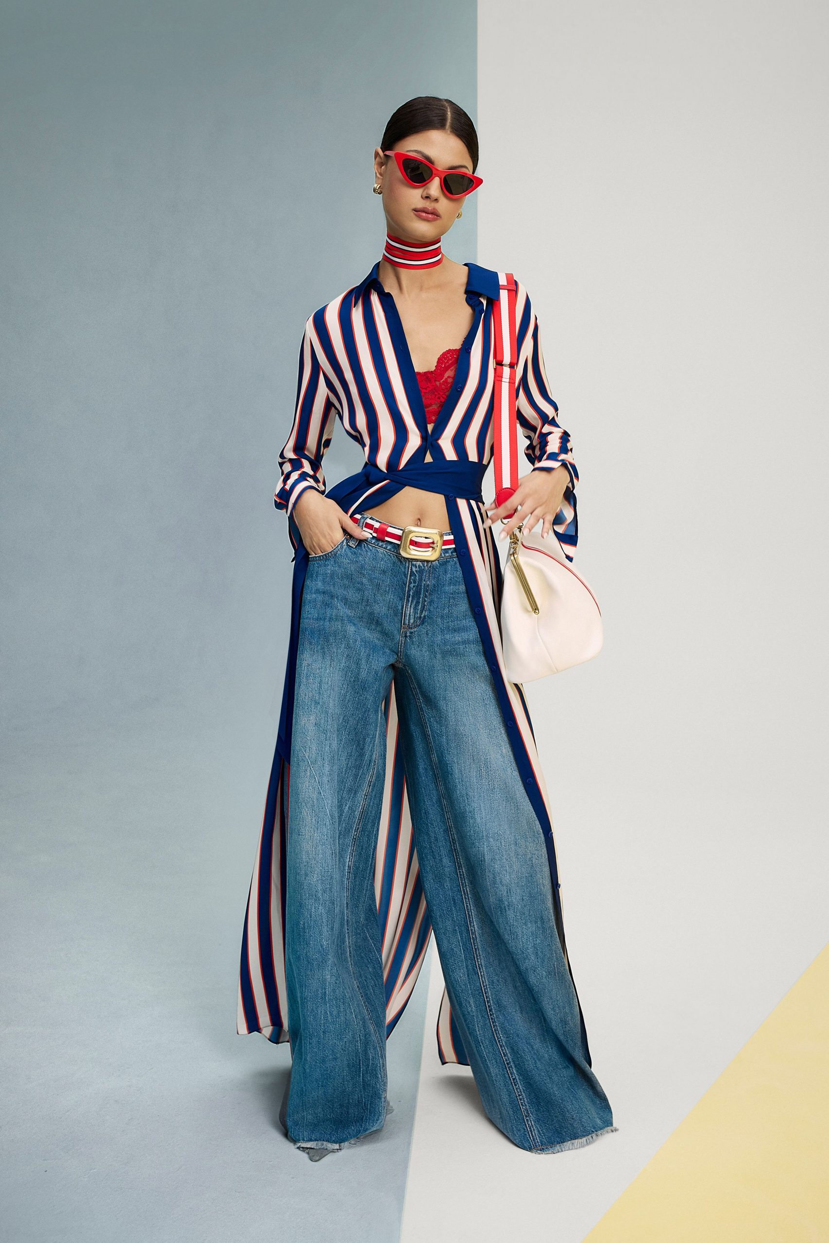 striped maxi shirt-dress with wide-leg pants