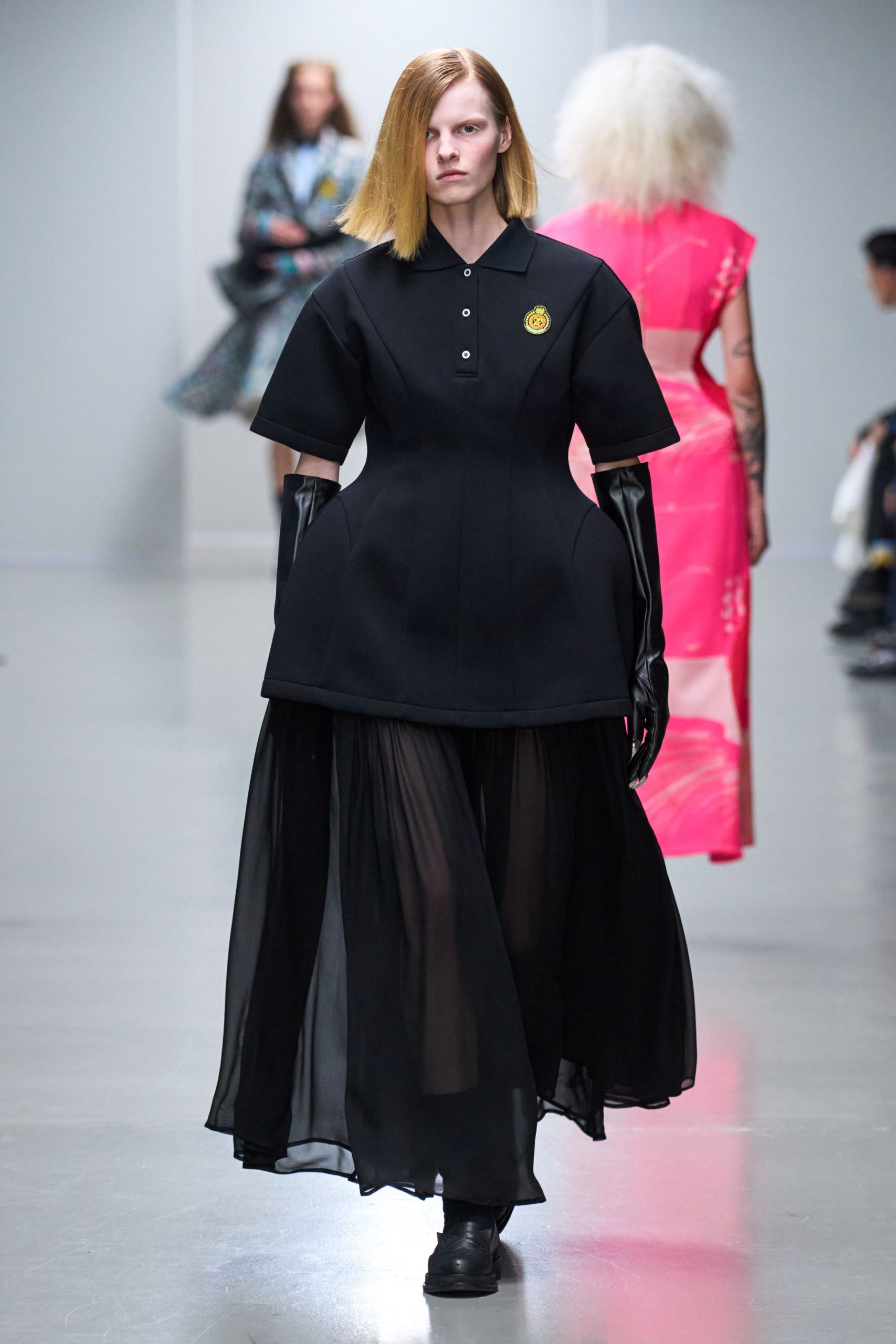 black cotton short-sleeve collared fitted layered pleated dress