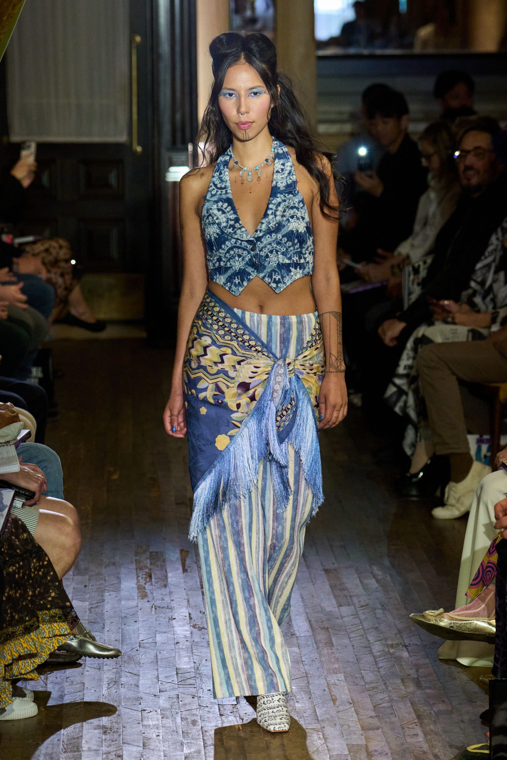 blue printed top and layered skirt