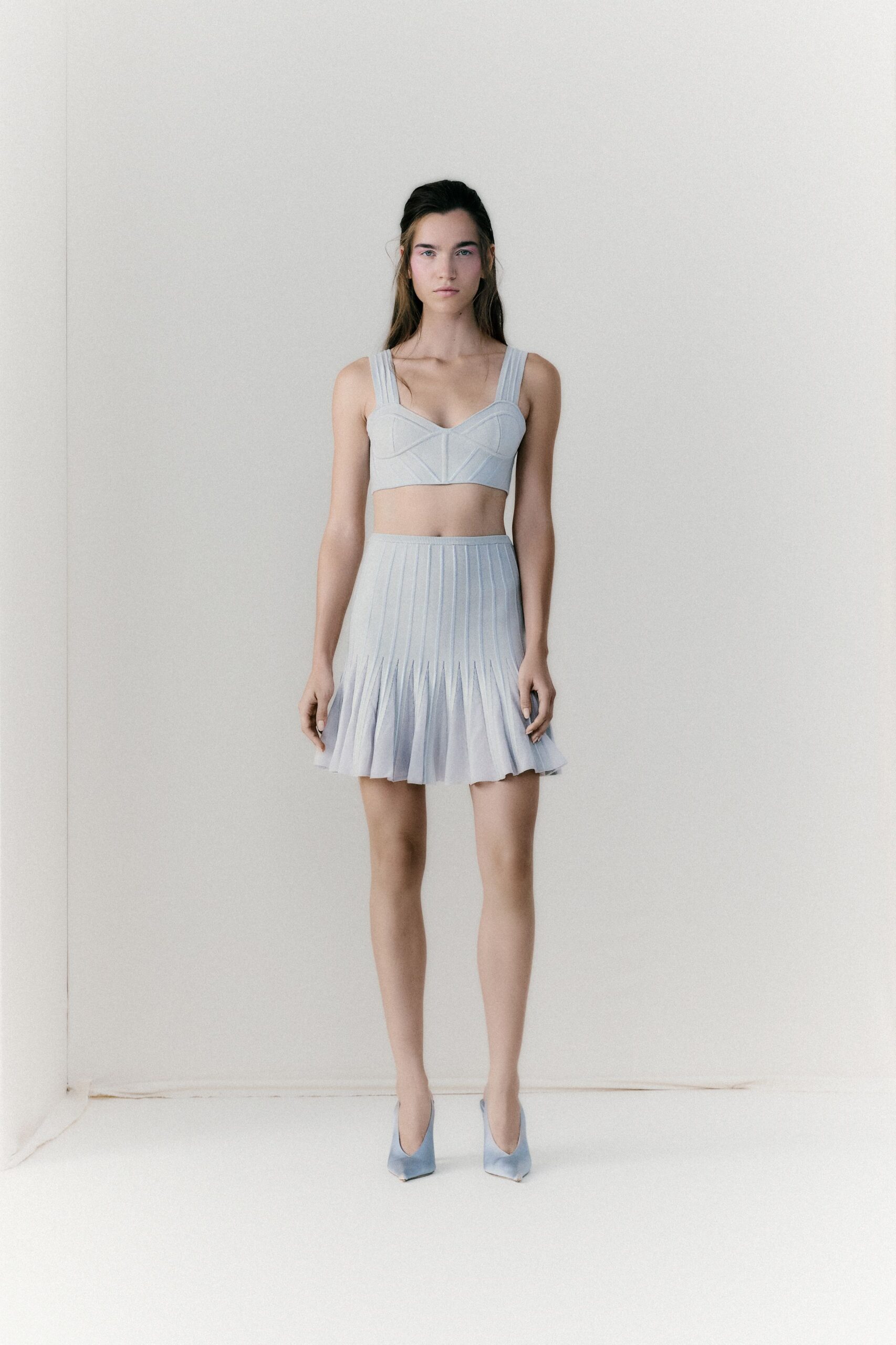 blue knit sleeveless square-neck fitted pleated cropped crop-top