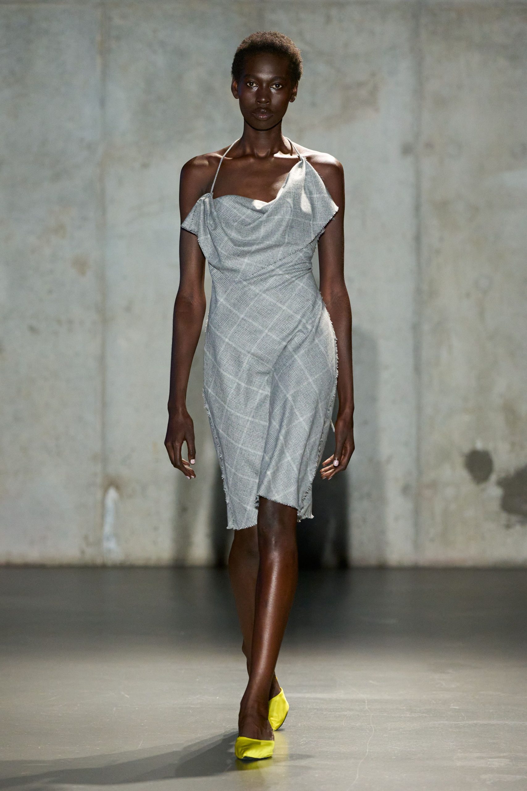 gray cotton sleeveless v-neck fitted checked draped dress