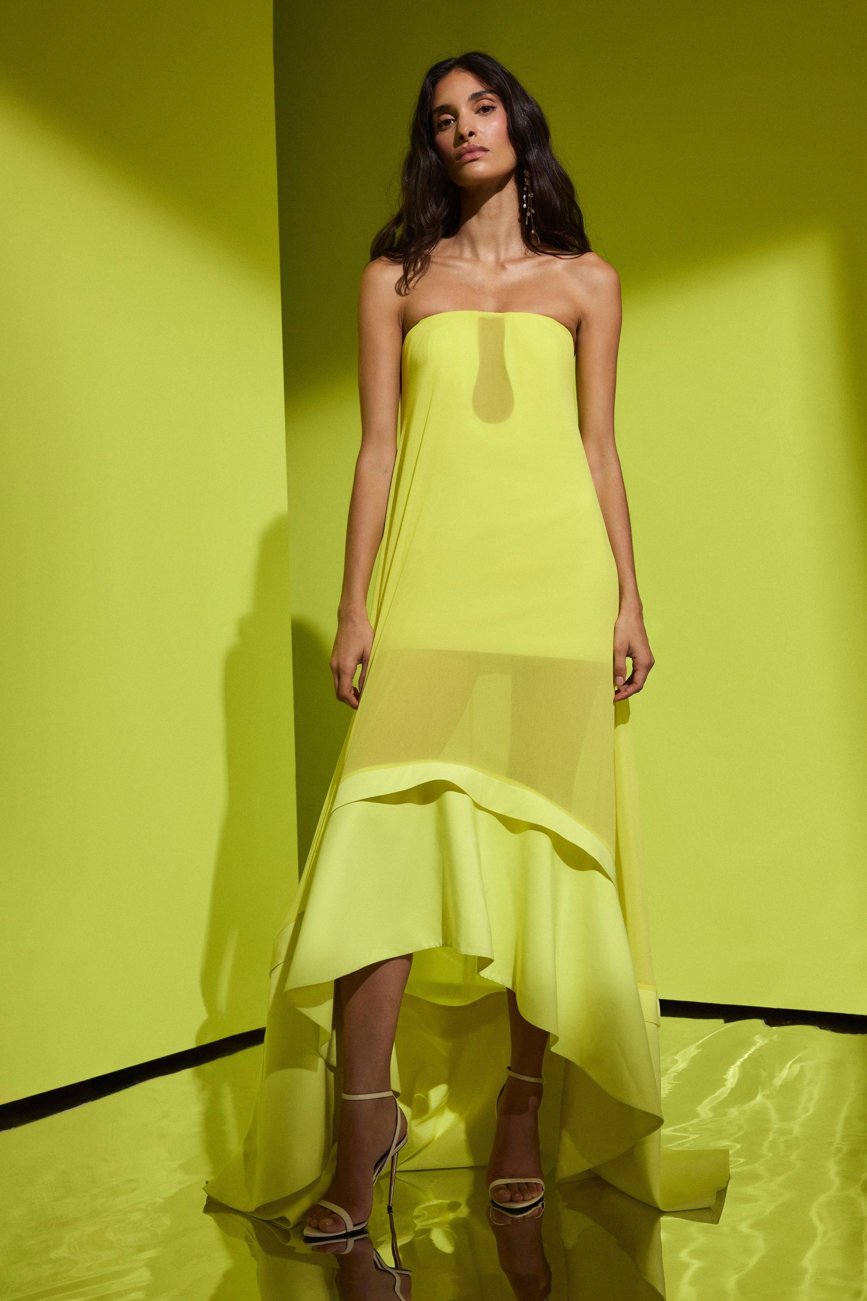 yellow chiffon strapless asymmetric fitted draped flowing gown