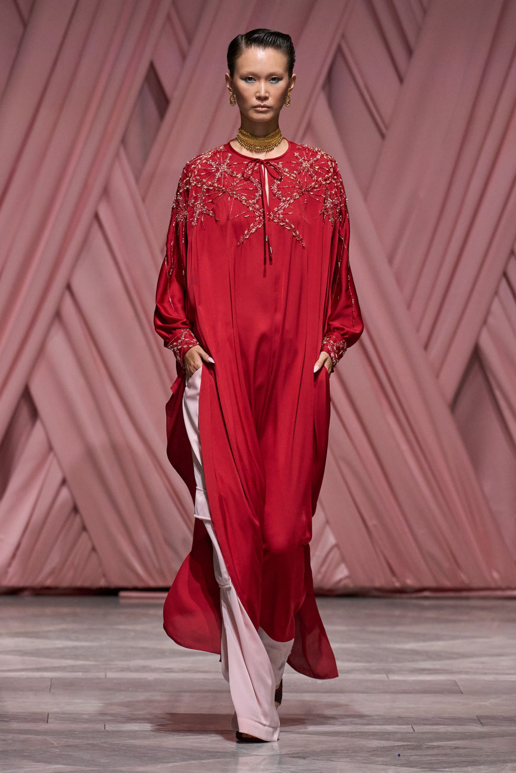 red silk long-sleeve v-neck relaxed embroidered maxi gown