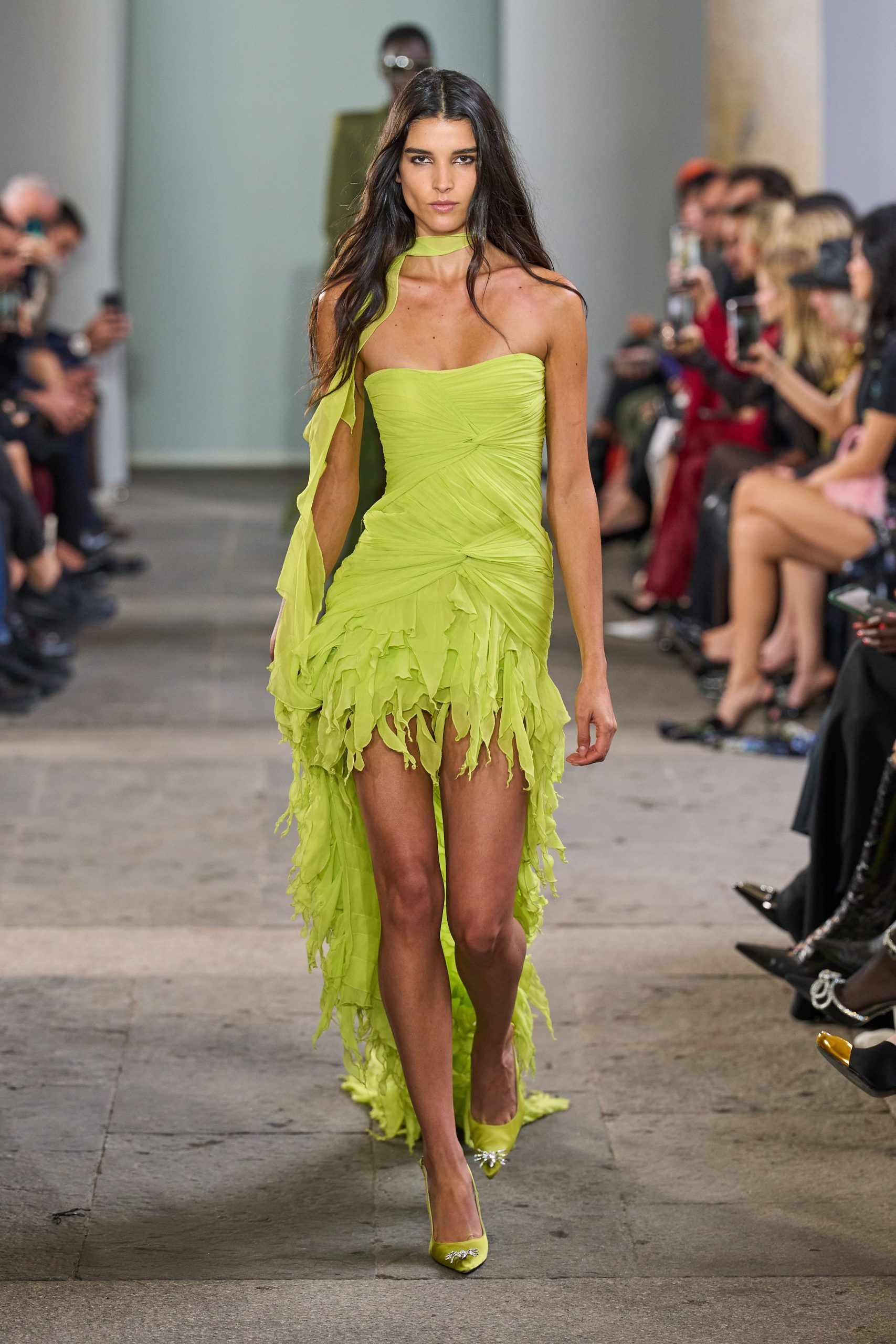 green silk strapless fitted ruffled flowing mini dress