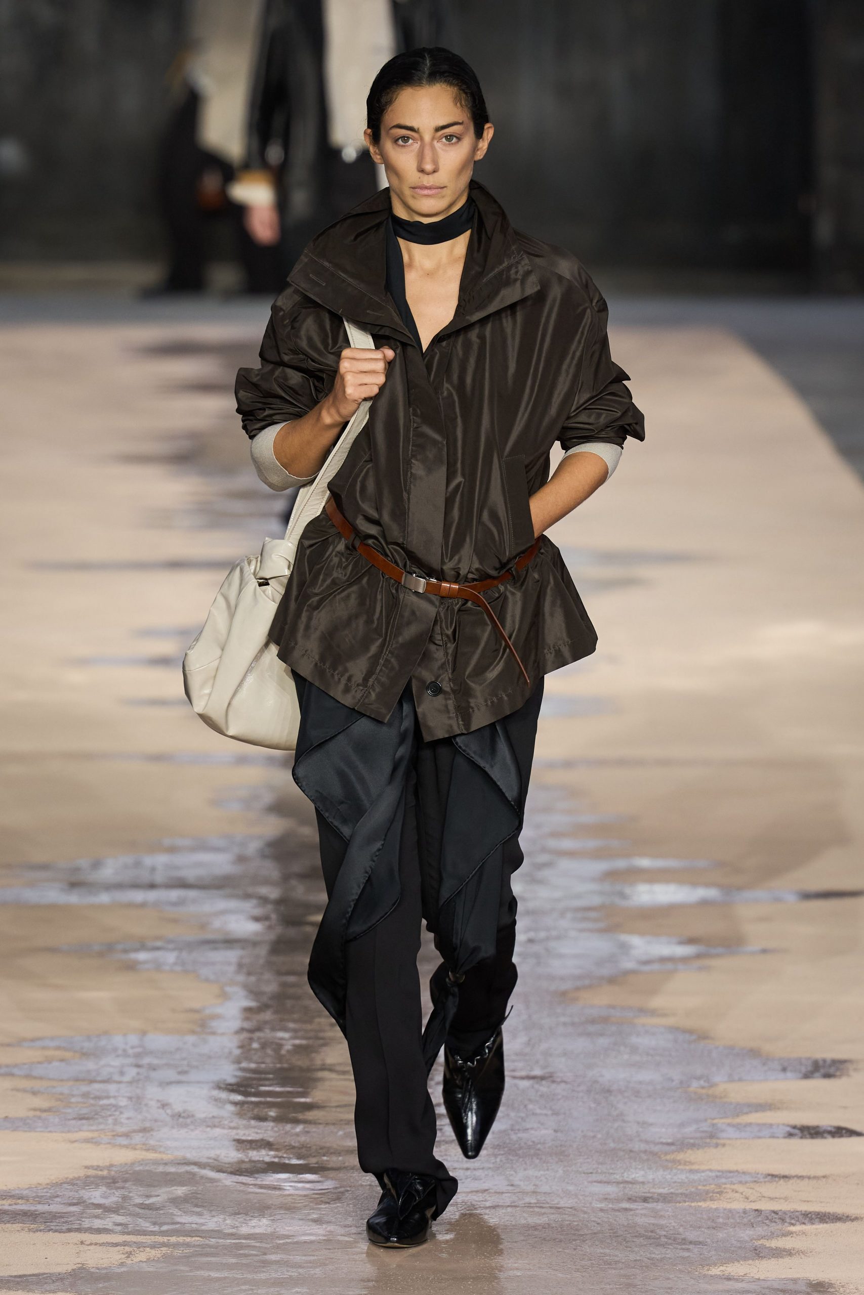 brown relaxed jacket with black pants