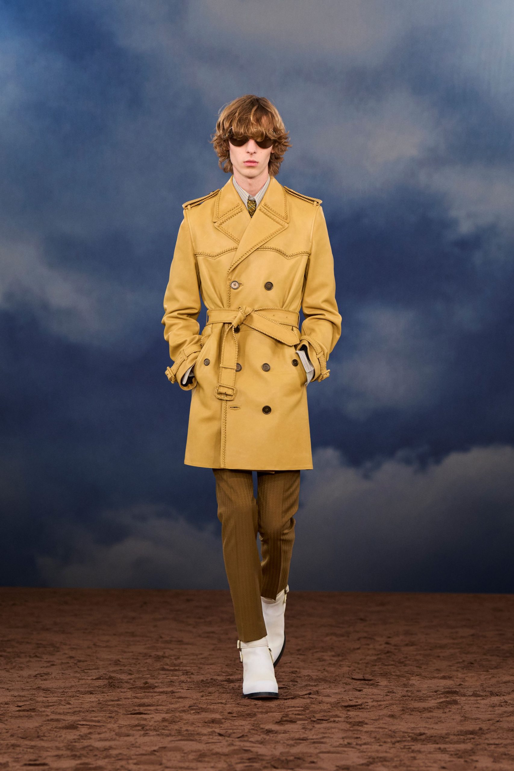 yellow cotton long-sleeve collared tailored belted trench