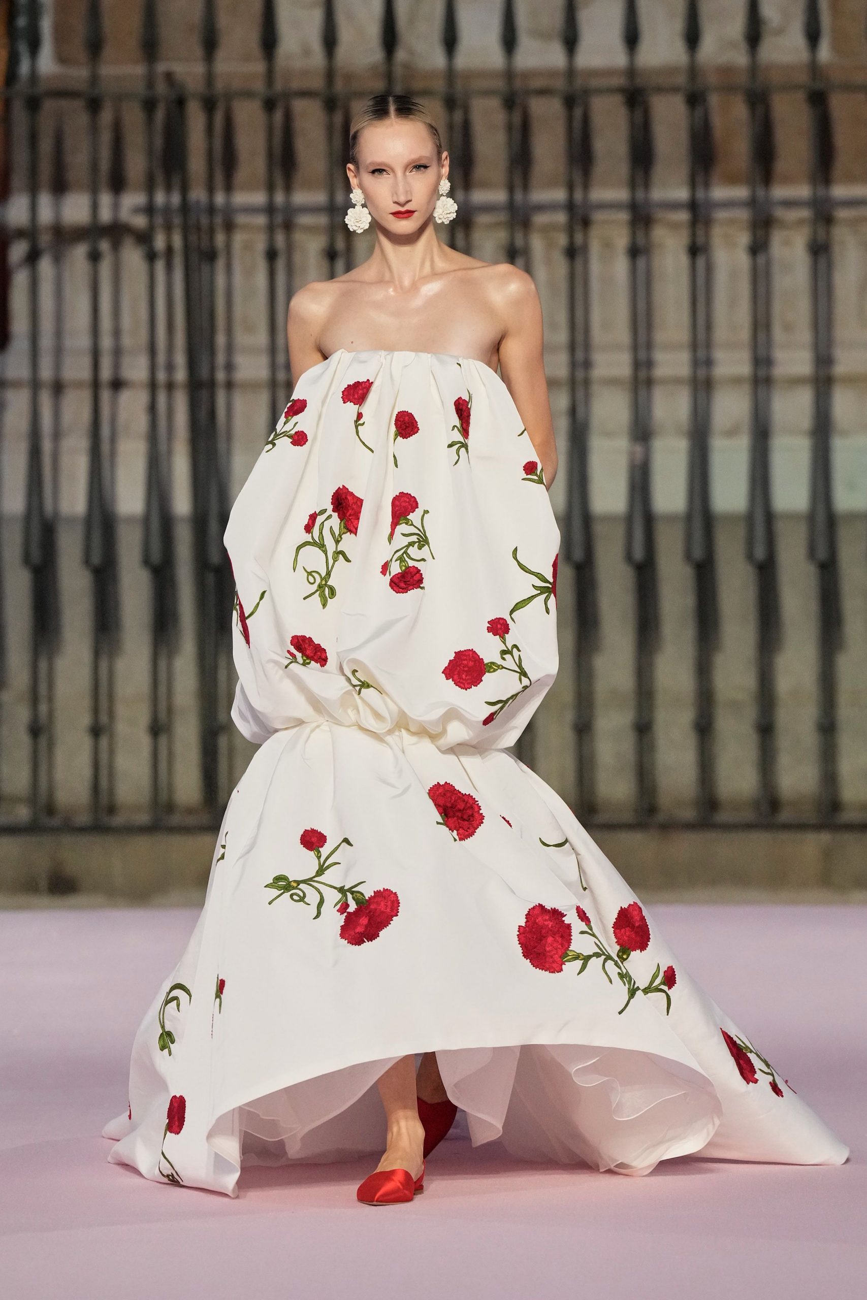 white floral strapless gown