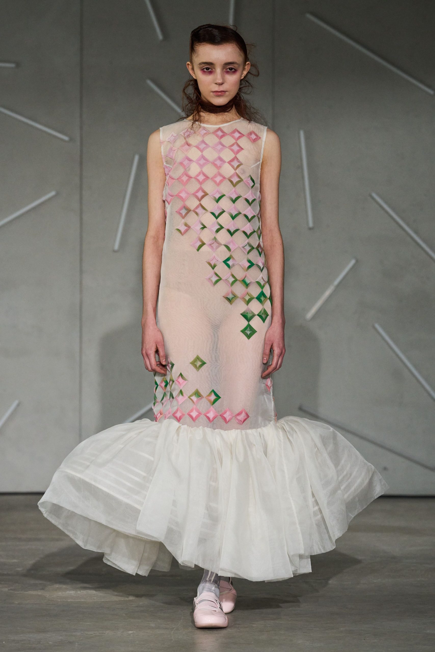 pink silk sleeveless high-neck fitted pleated embroidered dress
