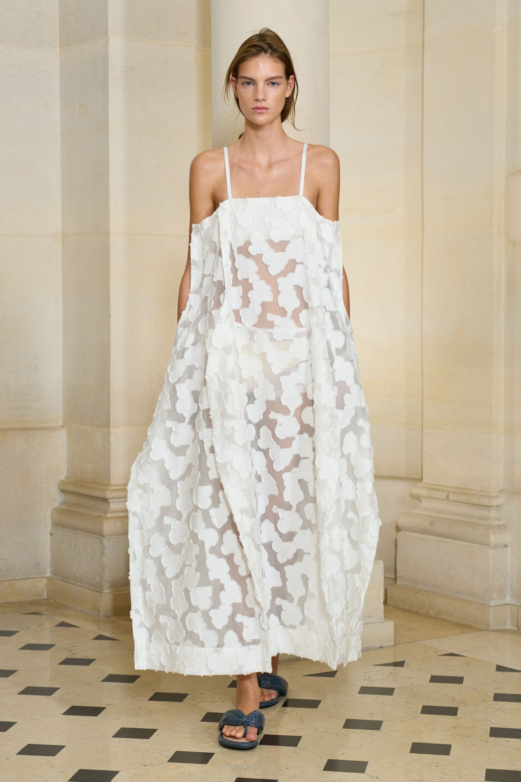 white cotton sleeveless off-shoulder relaxed layered flared dress