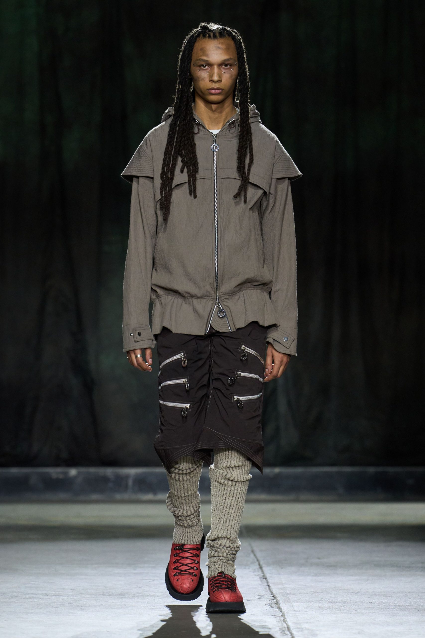 gray relaxed jacket with black skirt