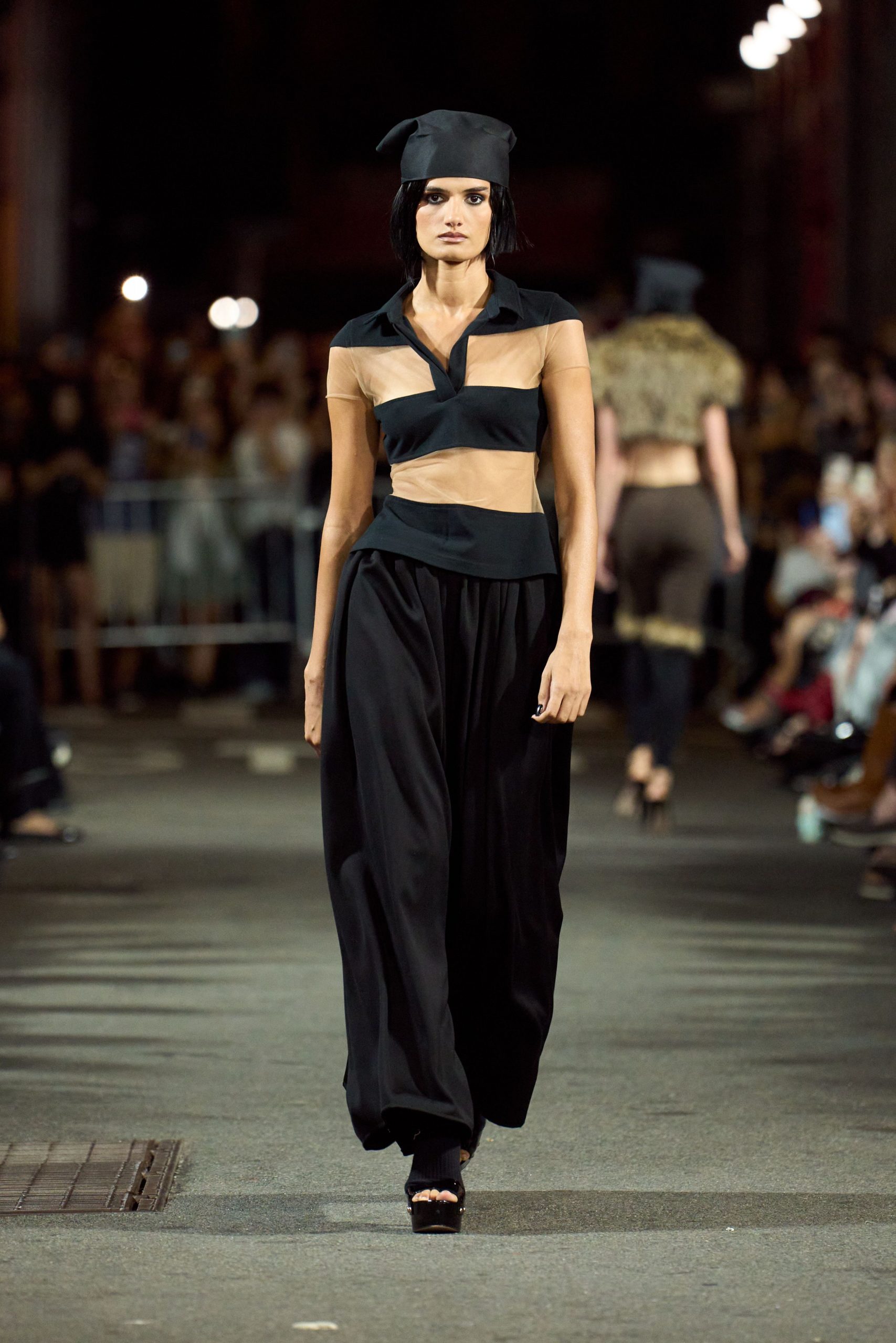 black color-blocked top with wide-leg pants