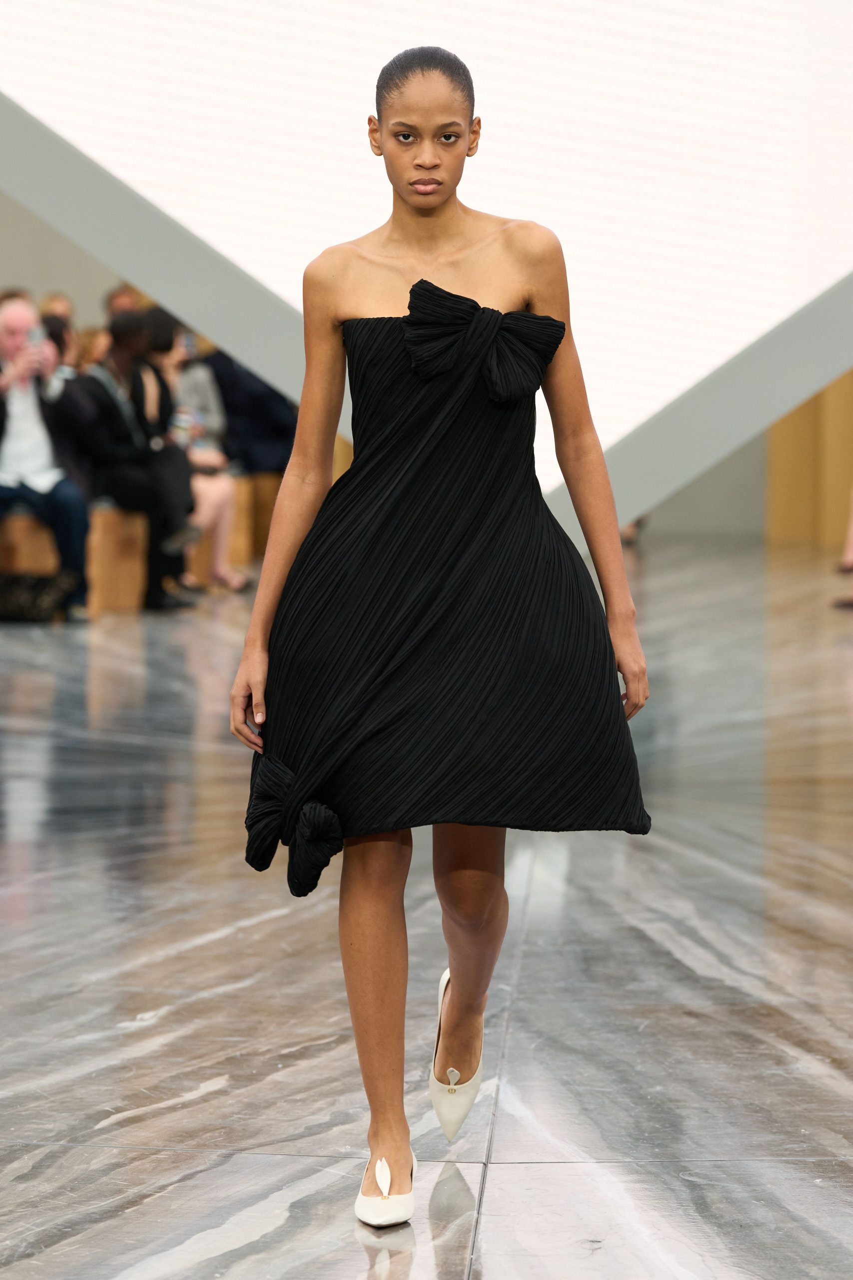 black silk strapless fitted pleated flowing mini dress