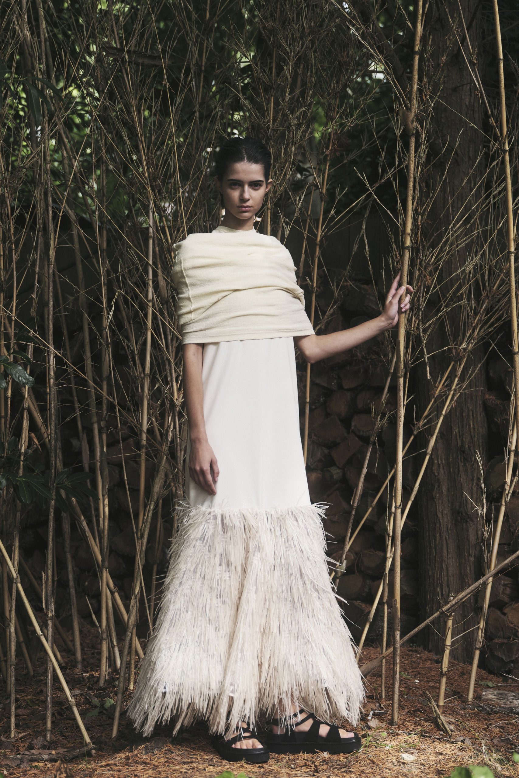 white silk sleeveless high-neck fitted tiered fringed dress